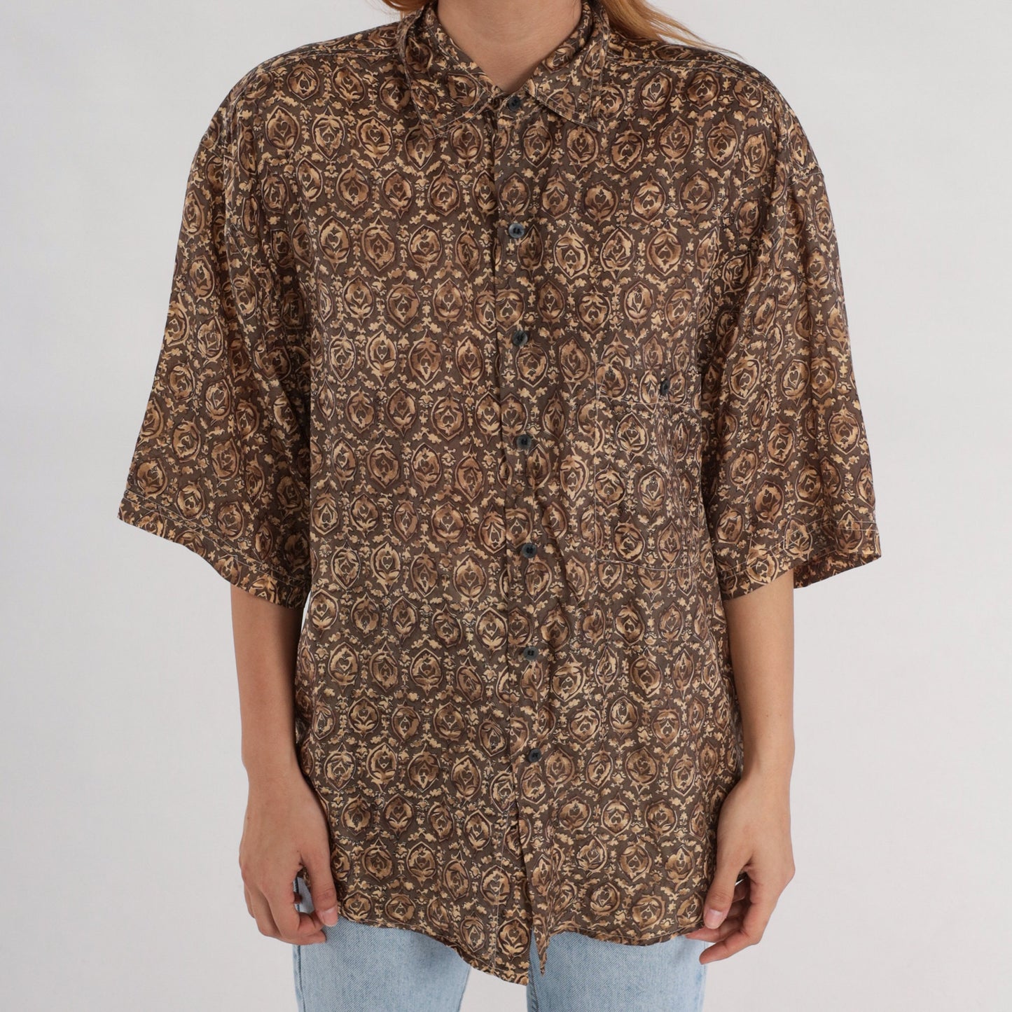 Y2K Brown Geometric Floral Silk Button-Up Shirt Short Sleeve Small S