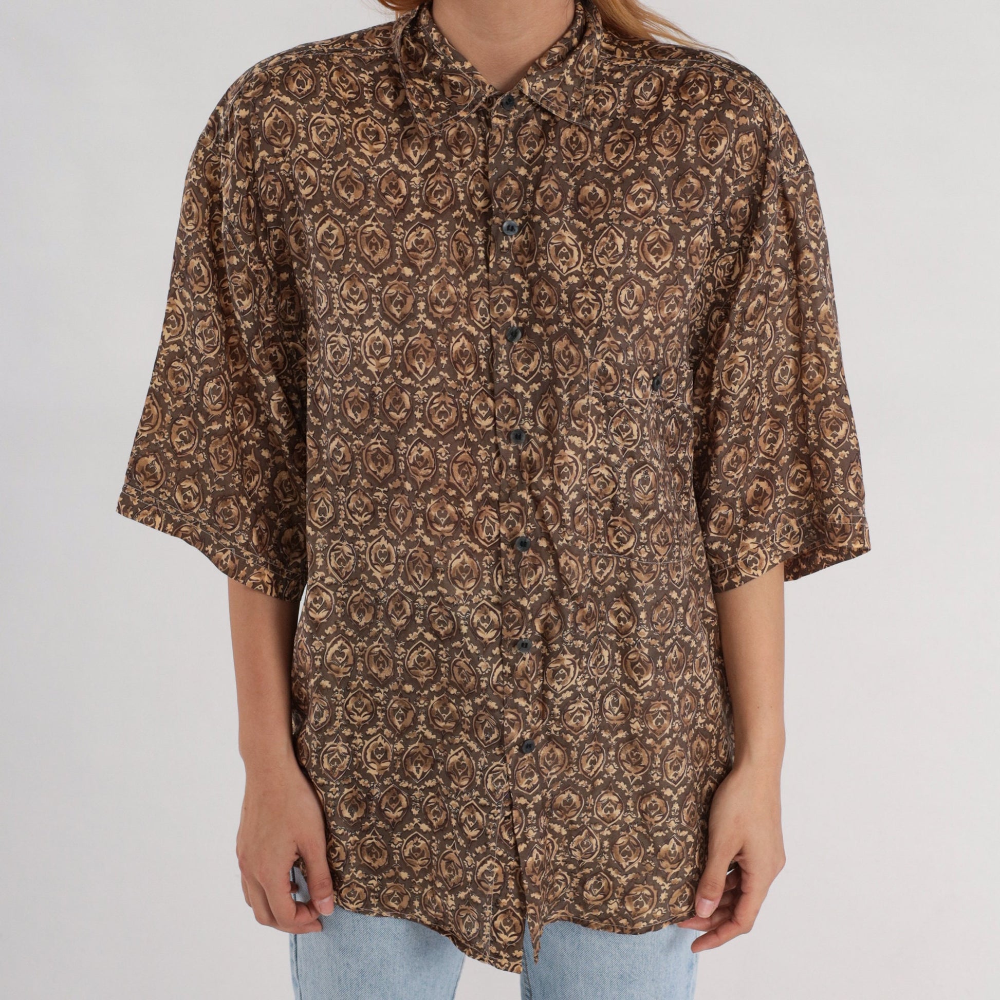 Y2K Brown Geometric Floral Silk Button-Up Shirt Short Sleeve Small S