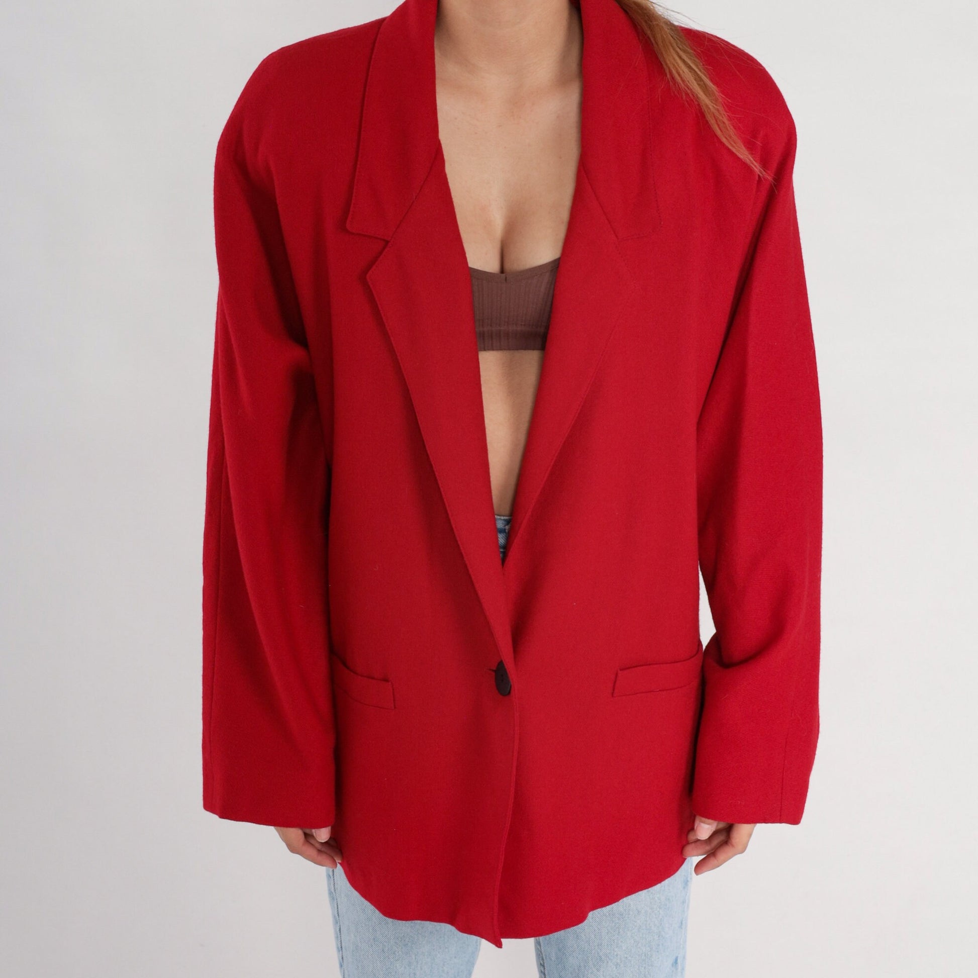 80s Red Wool Blazer Jacket Single Button Tailored Extra Large XL
