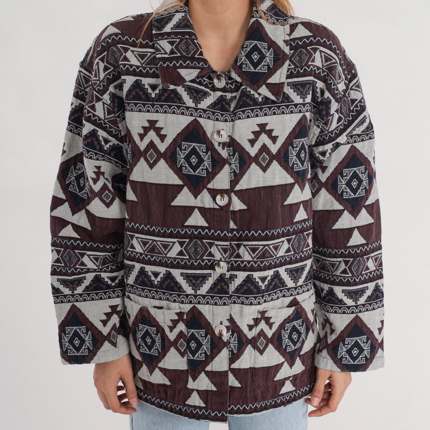 90s Southwestern Tapestry Jacket Brown Navy White Aztec Print Extra Extra Large XXL