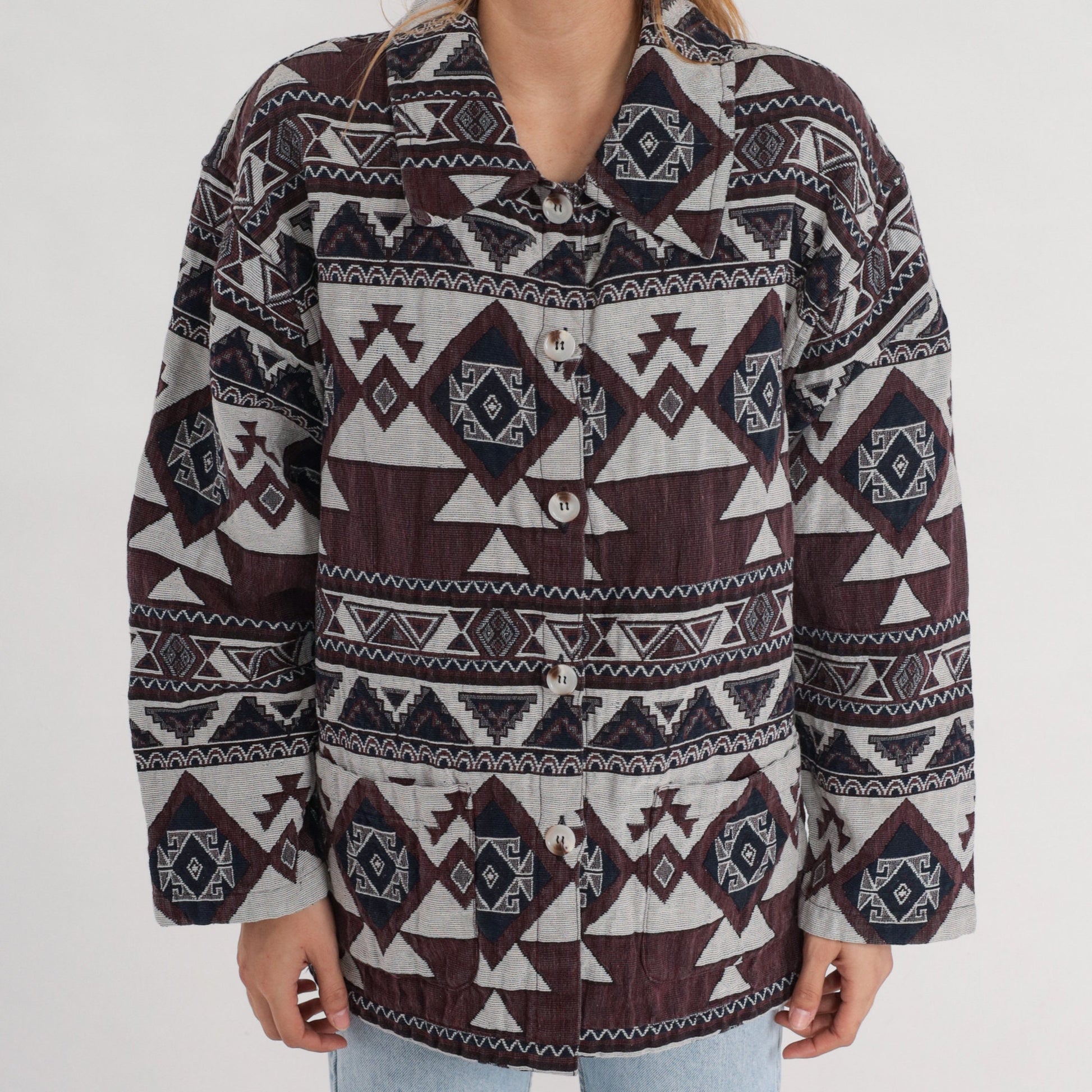 90s Southwestern Tapestry Jacket Brown Navy White Aztec Print Extra Extra Large XXL