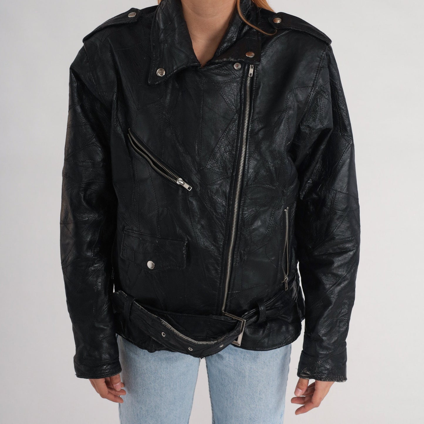 80s Black Leather Motorcycle Jacket Eagle Patch Men's Small