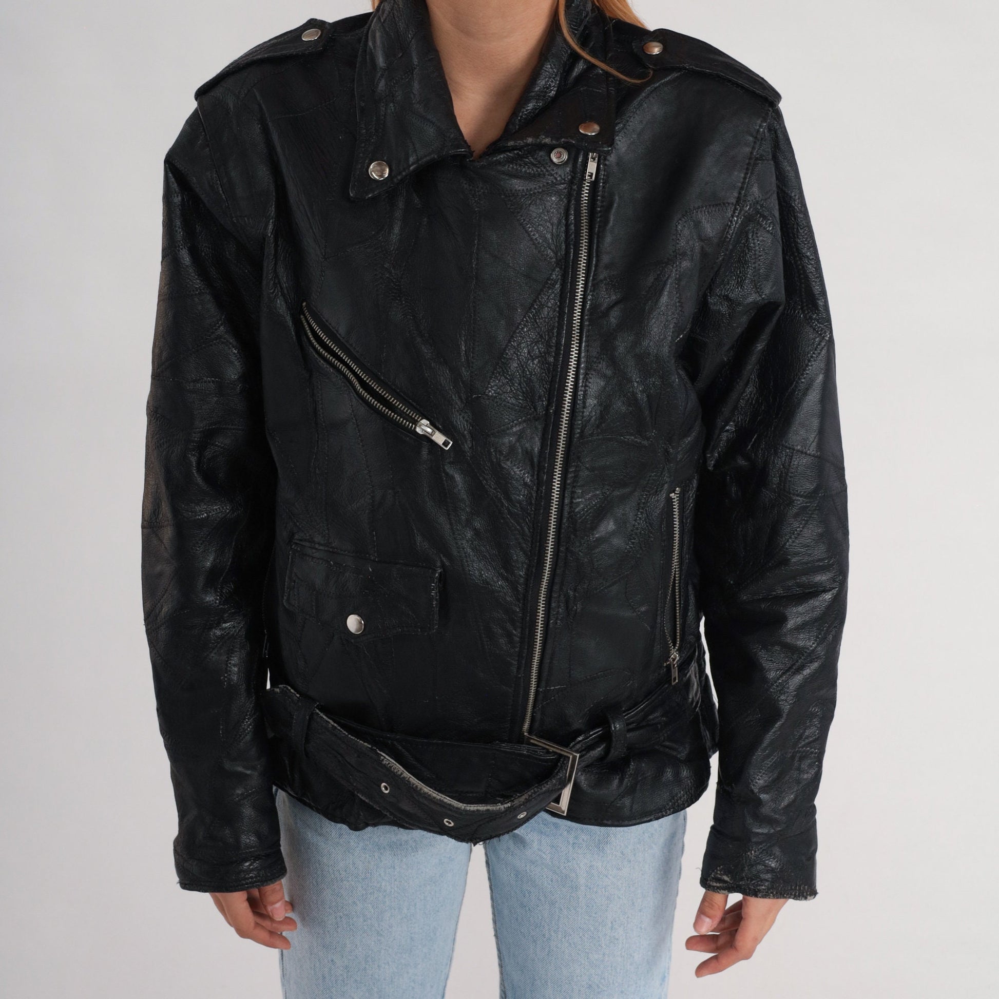 80s Black Leather Motorcycle Jacket Eagle Patch Men's Small