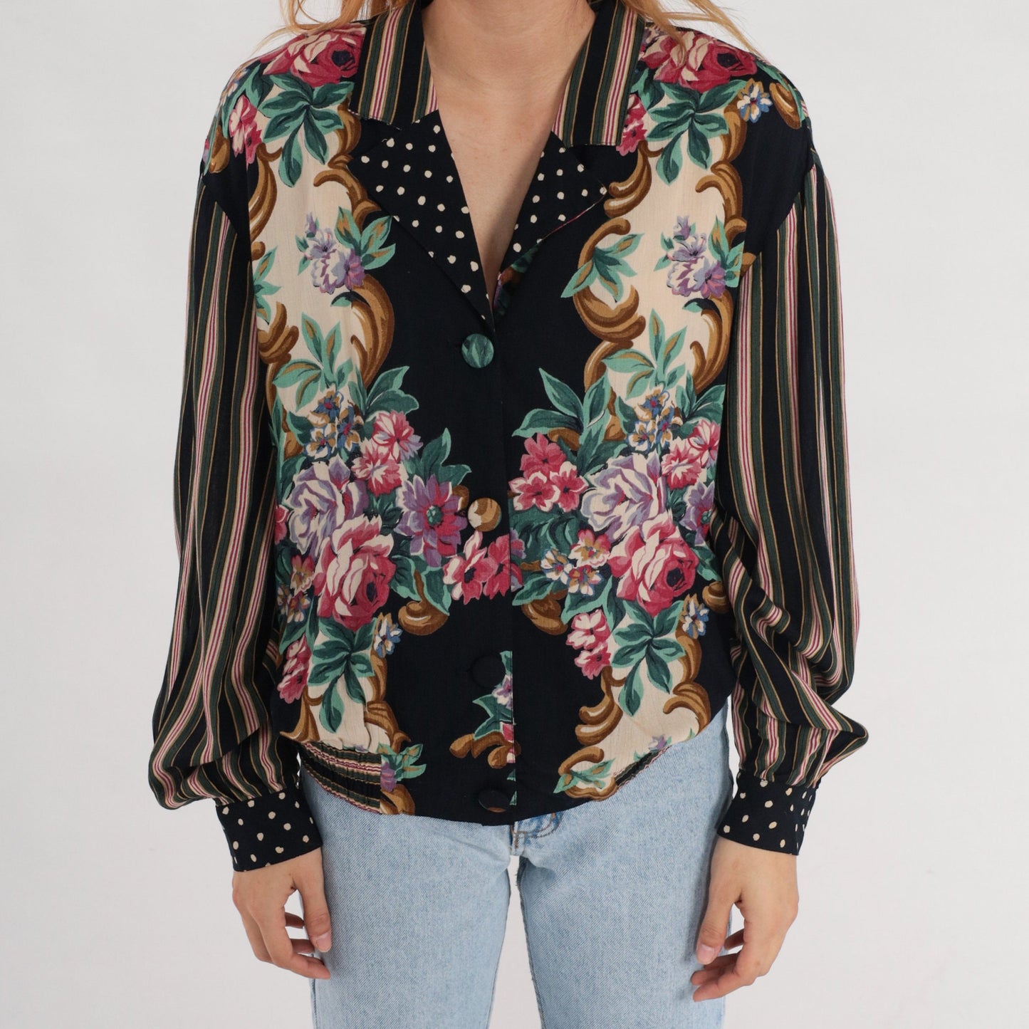 90s Carole Little Floral Button-Up Blouse Rayon Striped Balloon Sleeve Large