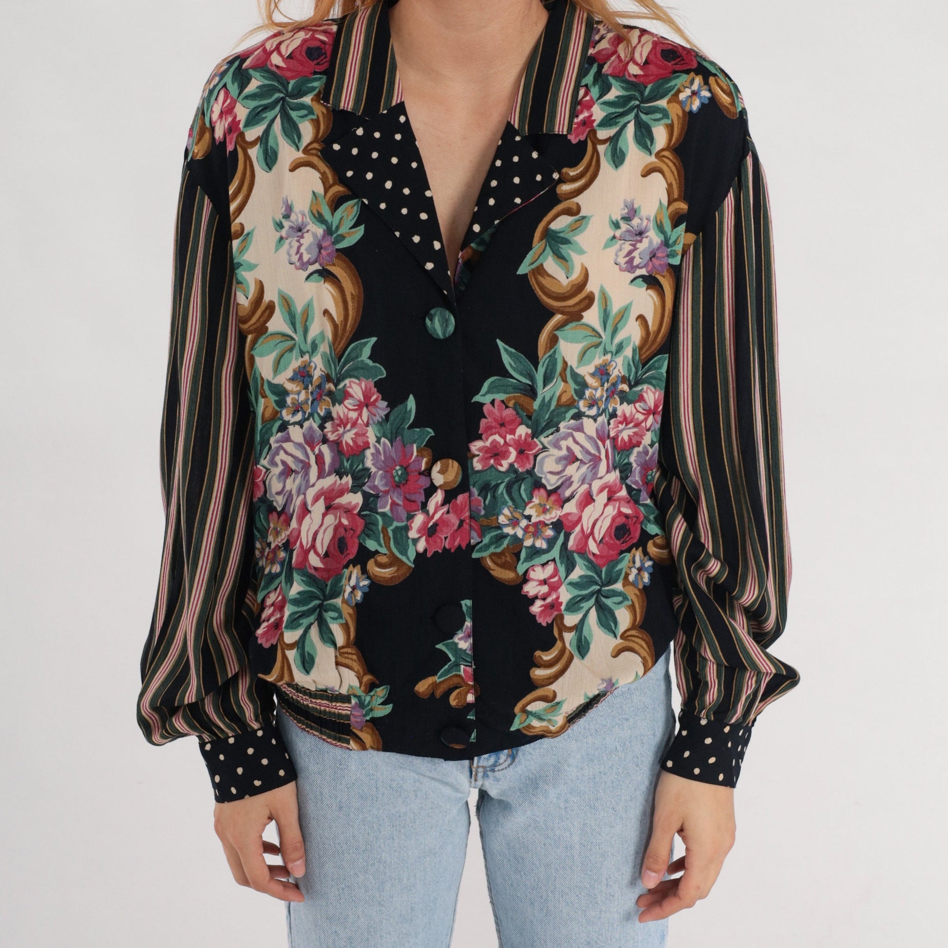 90s Carole Little Floral Button-Up Blouse Rayon Striped Balloon Sleeve Large