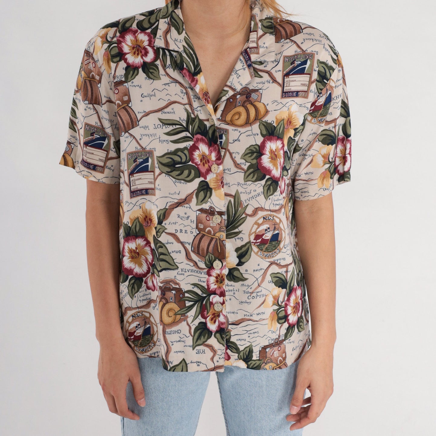 90s Nautical Floral Ship Suitcase Rayon Button-Up Blouse Short Sleeve Medium Petite