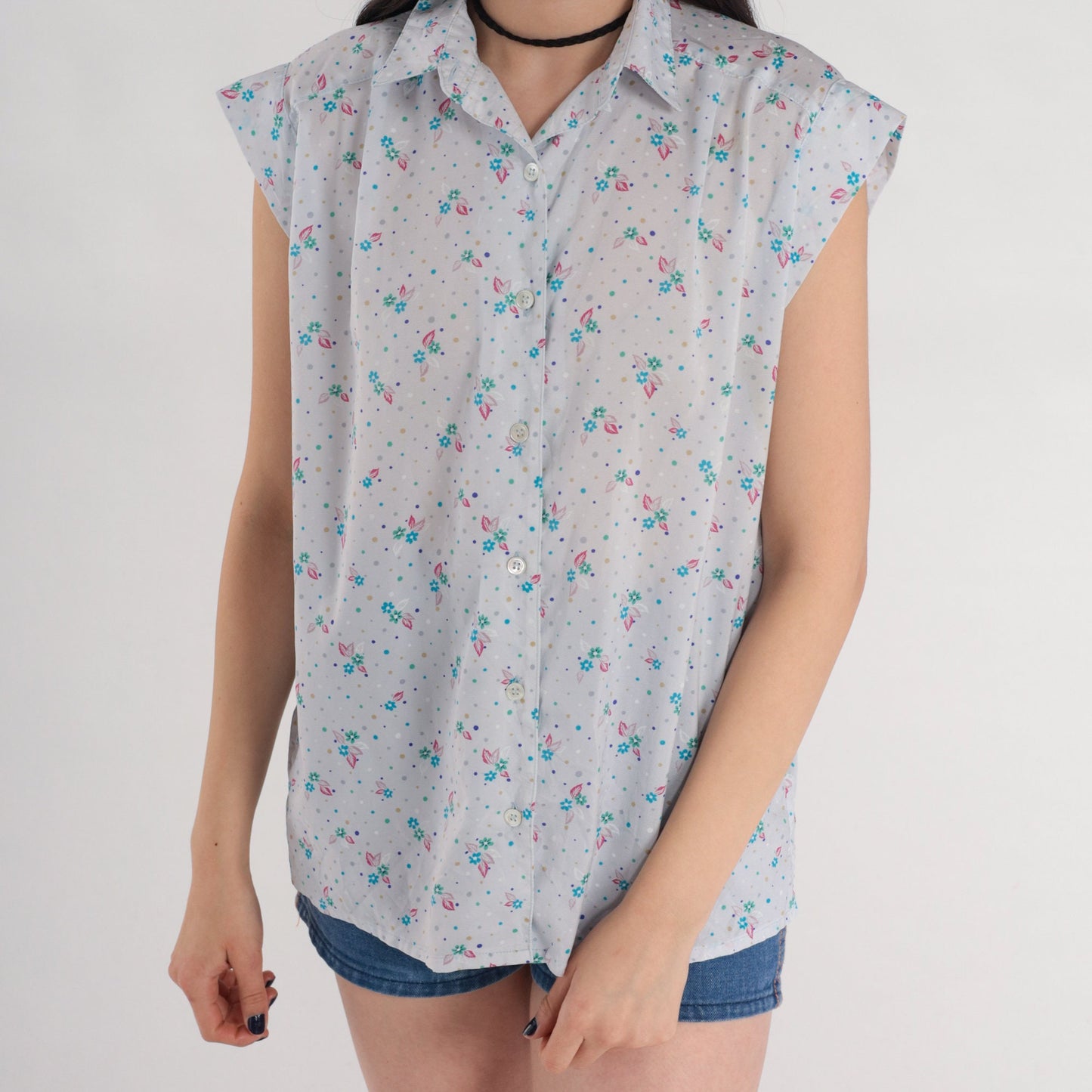 80s Floral Polka Dot Button-Up Blouse Blue Cap Sleeve Shirt Large L