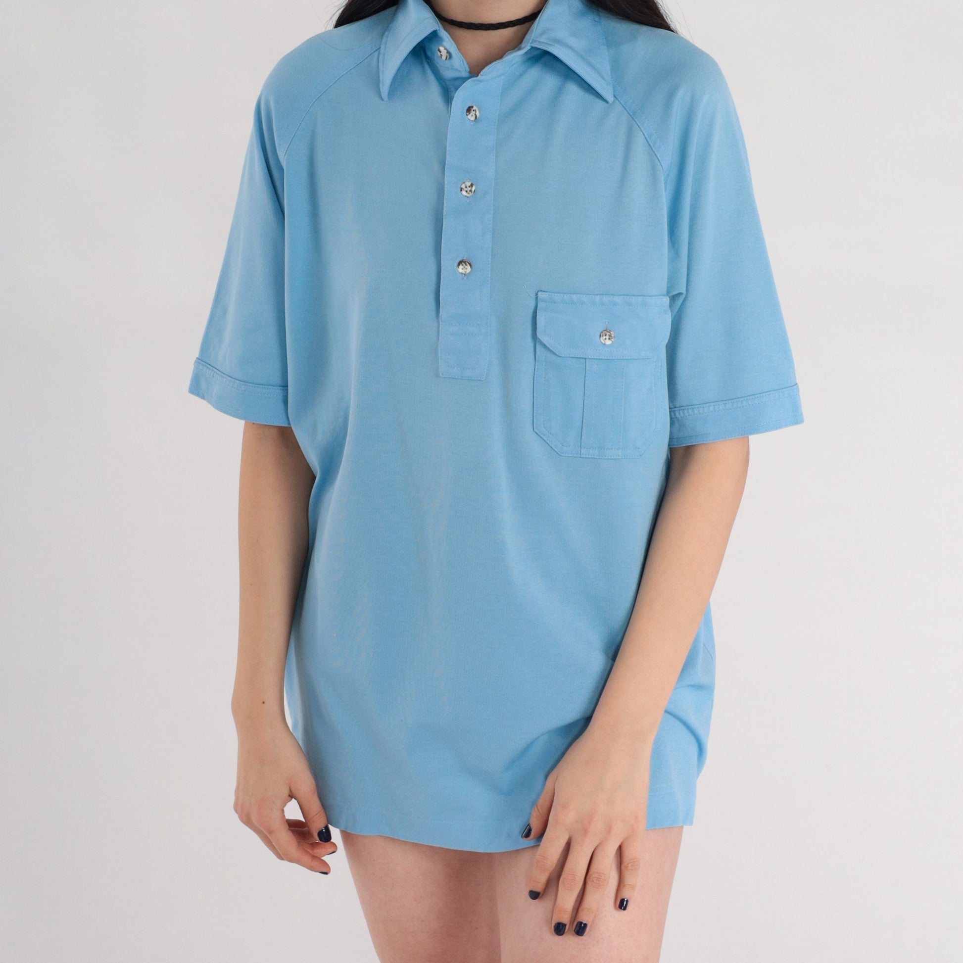 70s Blue Polo Shirt Half Button Raglan Sleeve Collared Top Medium