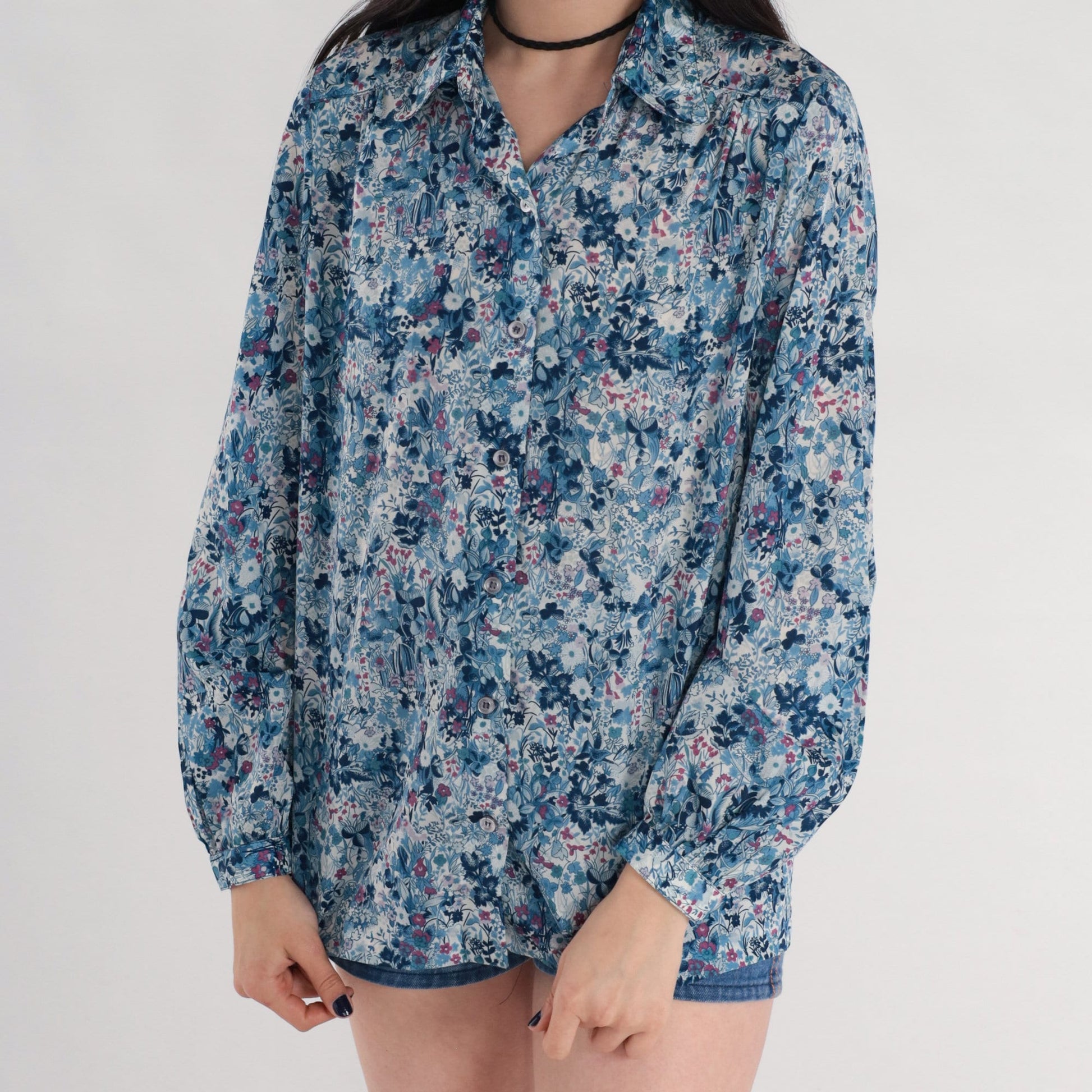 70s Blue Floral Button-Up Blouse Long Sleeve Collared Shirt Medium M