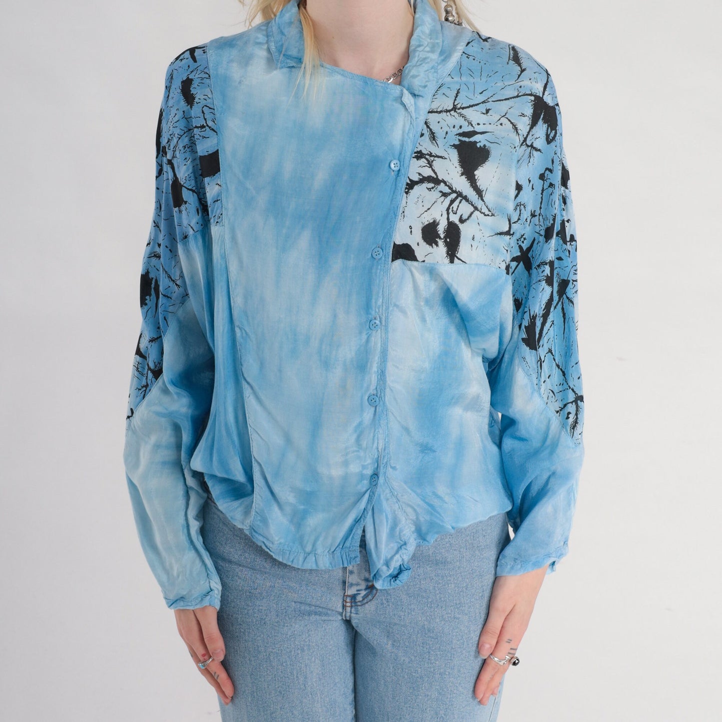 90s Blue Tie Dye Abstract Print Blouse Asymmetrical Dolman Sleeve Large