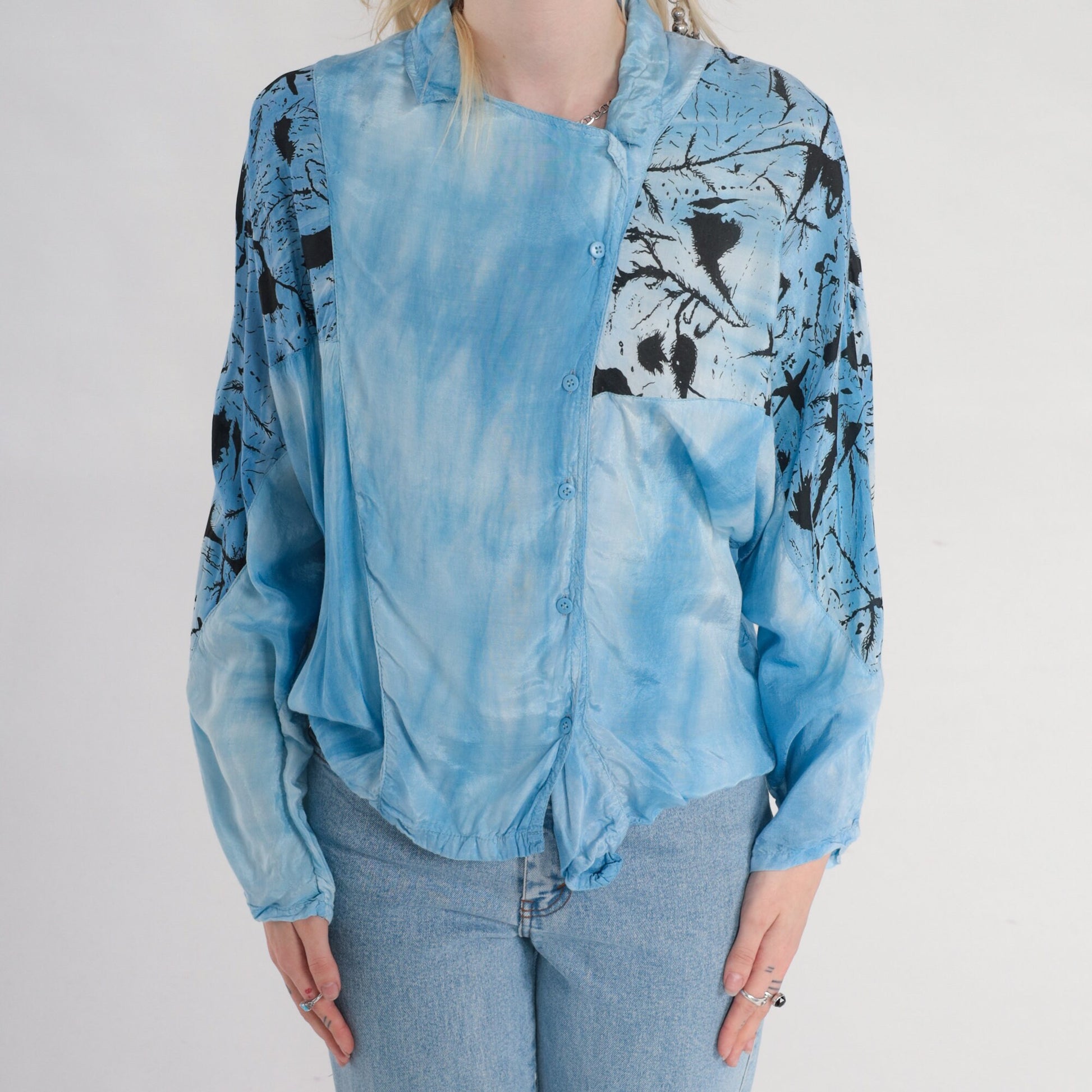 90s Blue Tie Dye Abstract Print Blouse Asymmetrical Dolman Sleeve Large