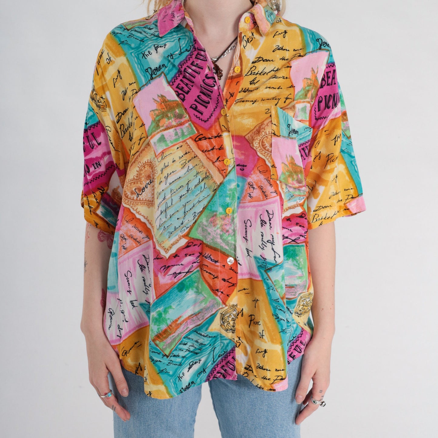 90s Postcard Travel Print Button-Up Blouse Tropical Shirt Multicolor Large L