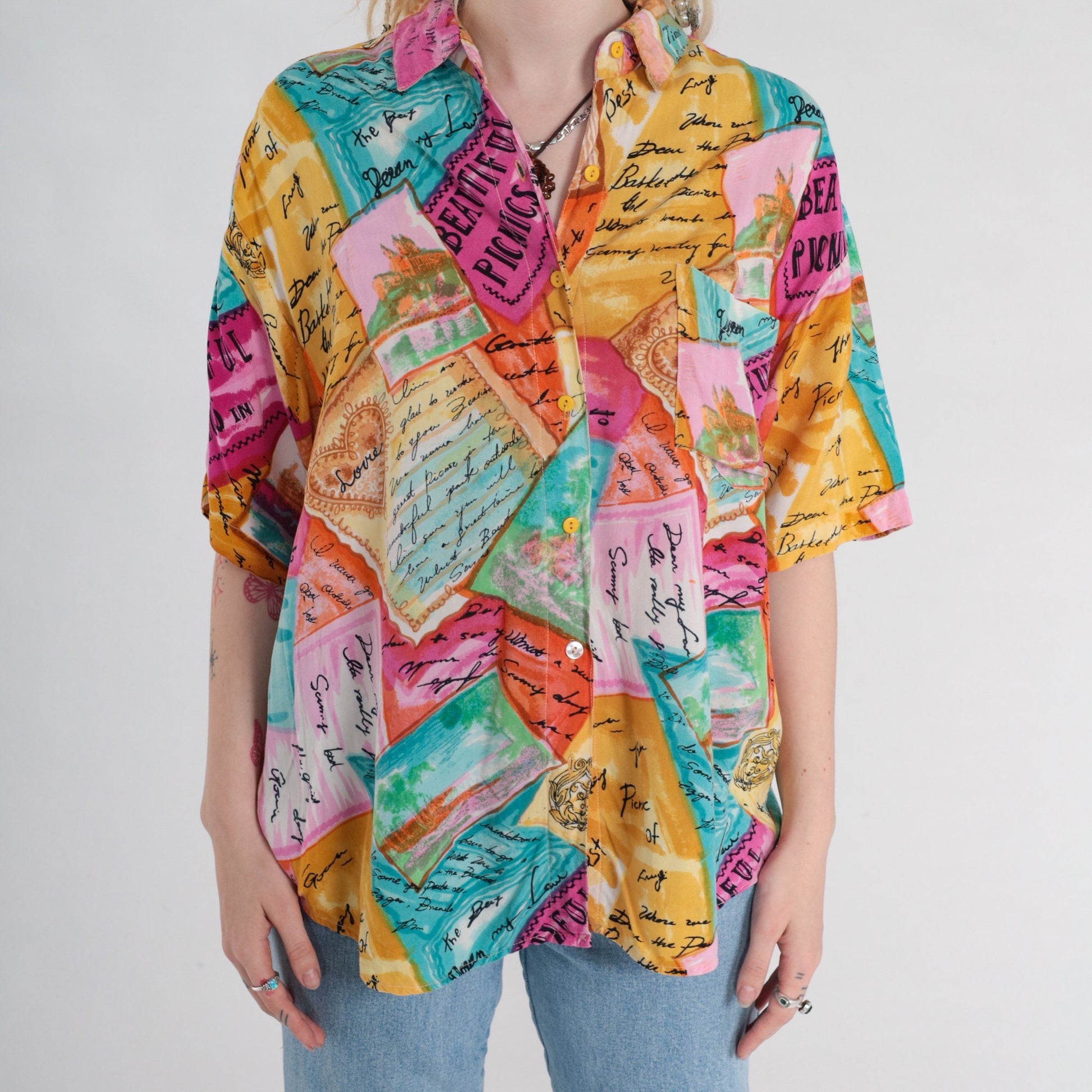 90s Postcard Travel Print Button-Up Blouse Tropical Shirt Multicolor Large L