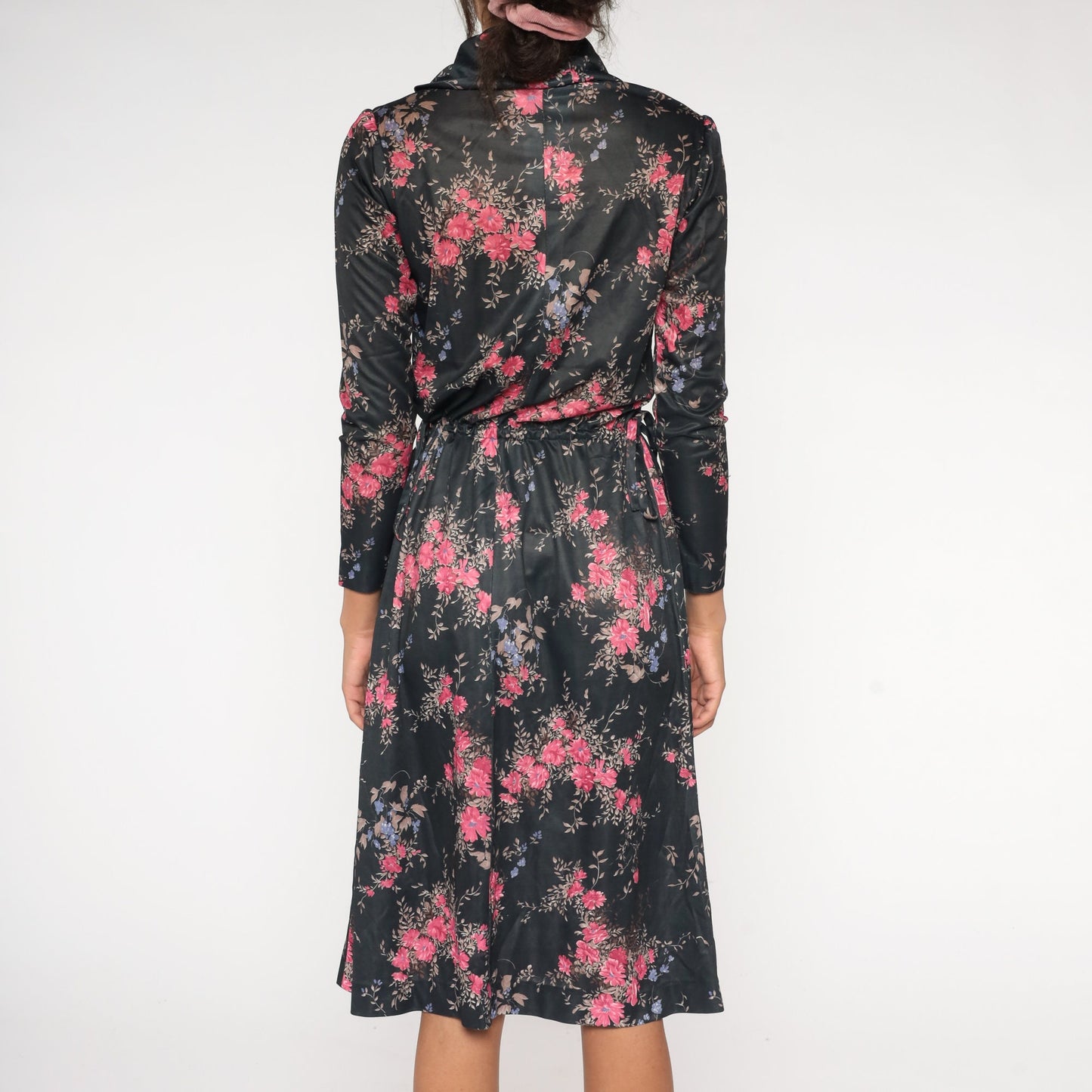 70s Black Floral Midi Dress Cowl Neck High Waist Long Sleeve Small Medium