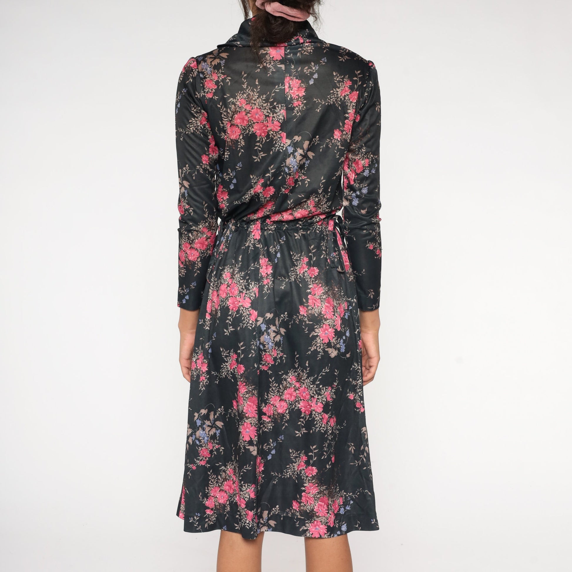 70s Black Floral Midi Dress Cowl Neck High Waist Long Sleeve Small Medium