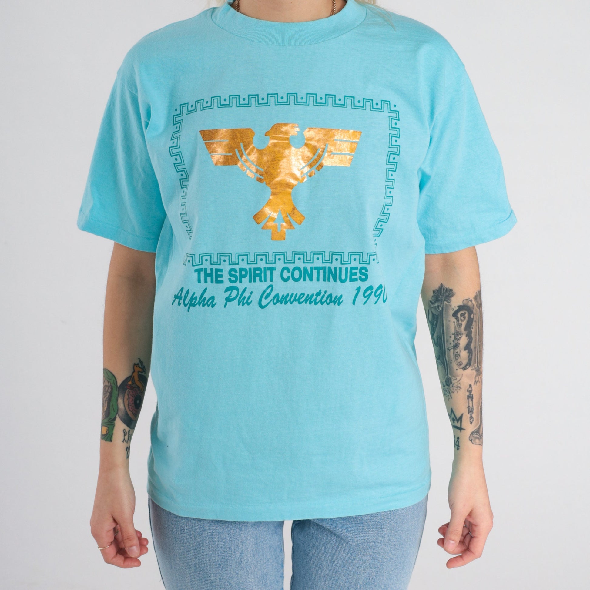 Alpha Phi Convention 1990 Sorority T-shirt Metallic Gold Phoenix Blue Medium