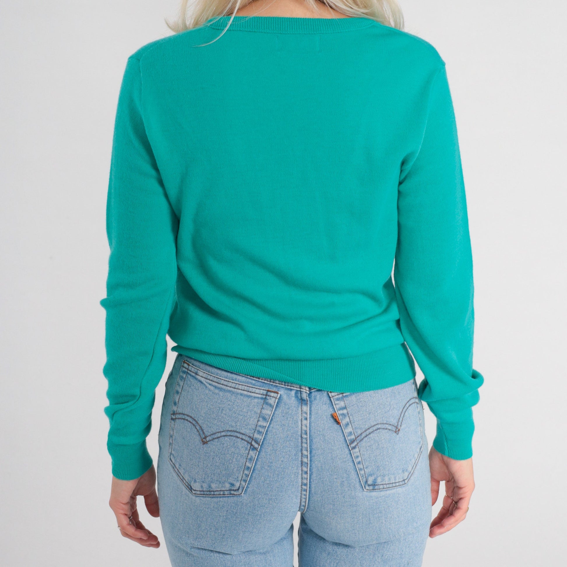 80s Garan Cat Logo V-Neck Knit Sweater Green Medium