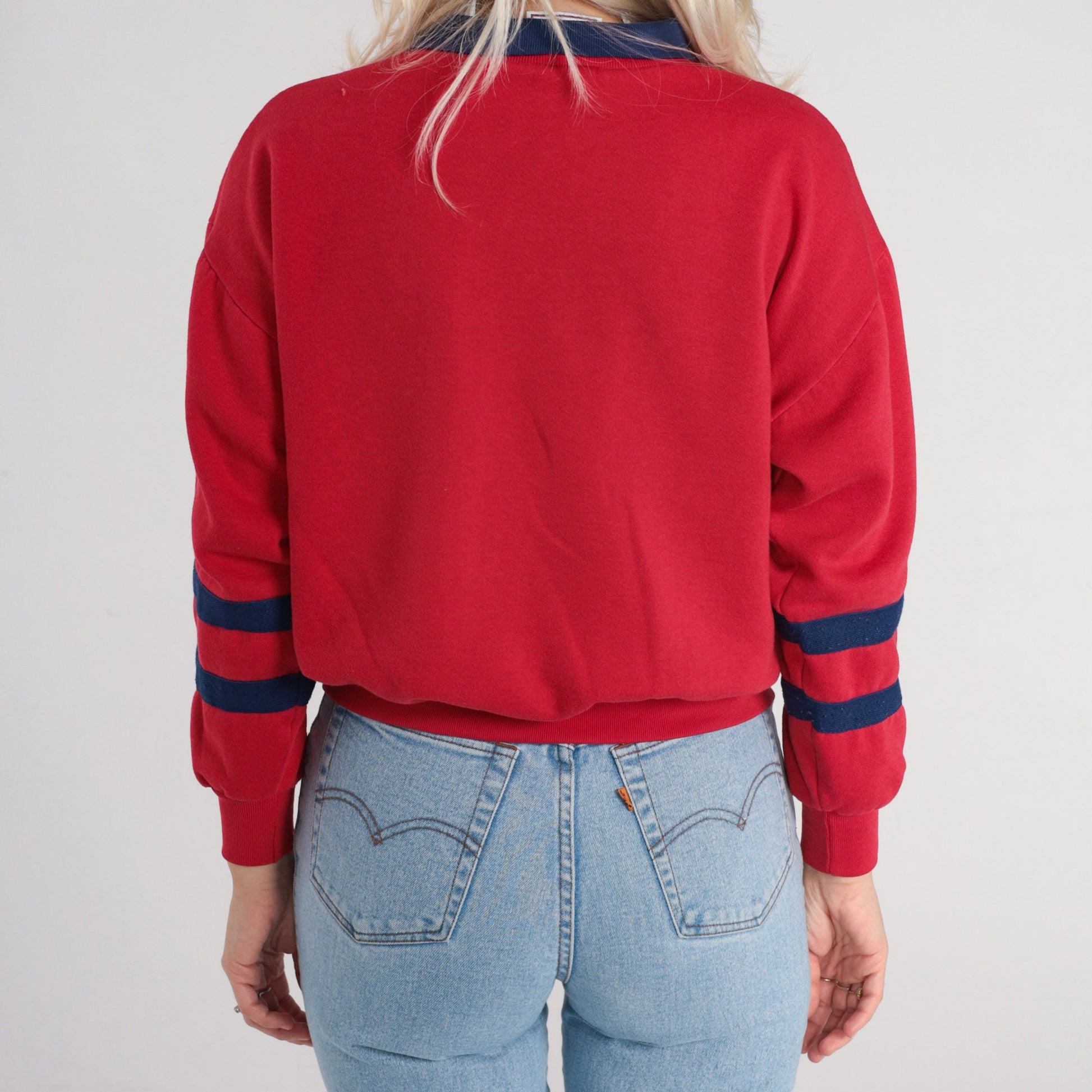 90s Red Anchor Nautical Collared Sweatshirt Blue Striped Pullover Small S