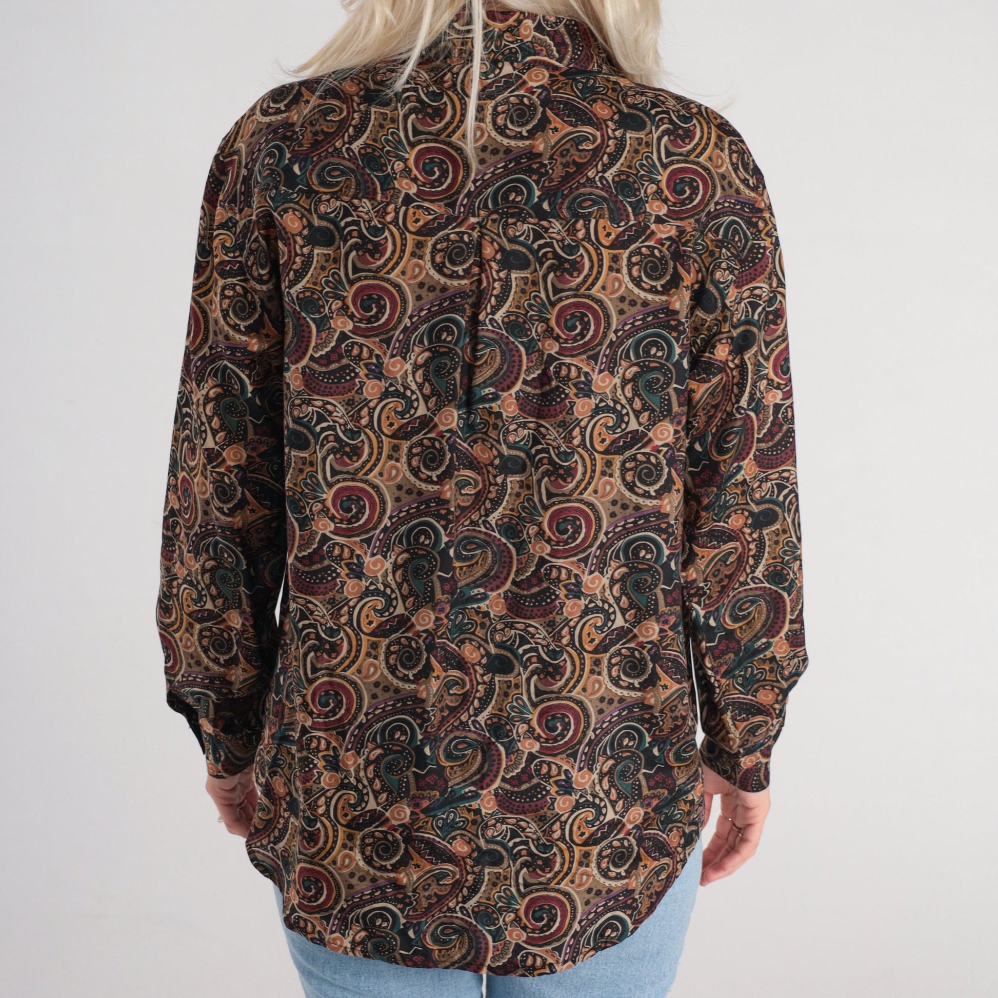 90s Silk Button-Up Blouse Abstract Paisley Swirl Print Brown Long Sleeve Small S