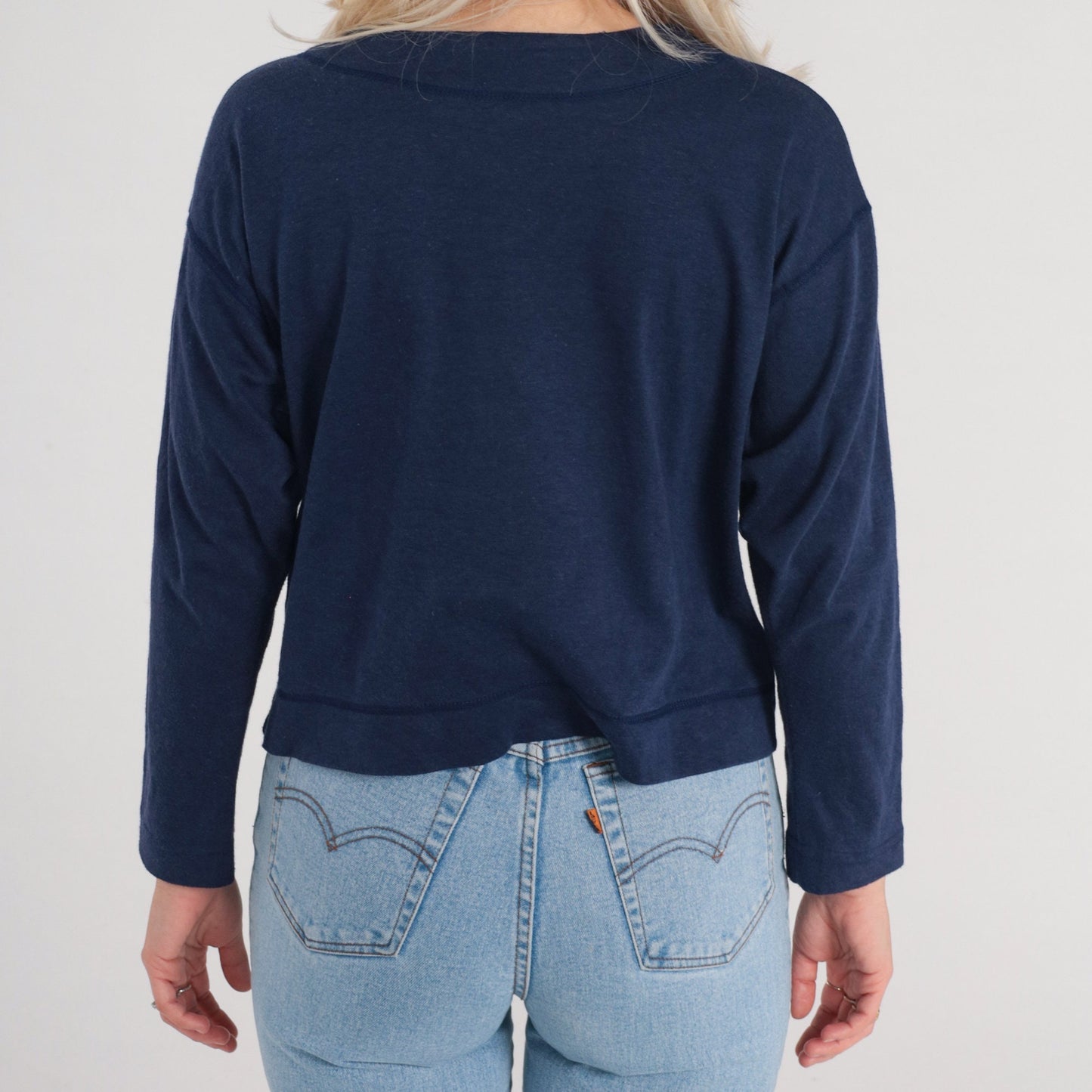 90s Navy Blue Button-Up Shirt Long Sleeve Cotton Blend Small S