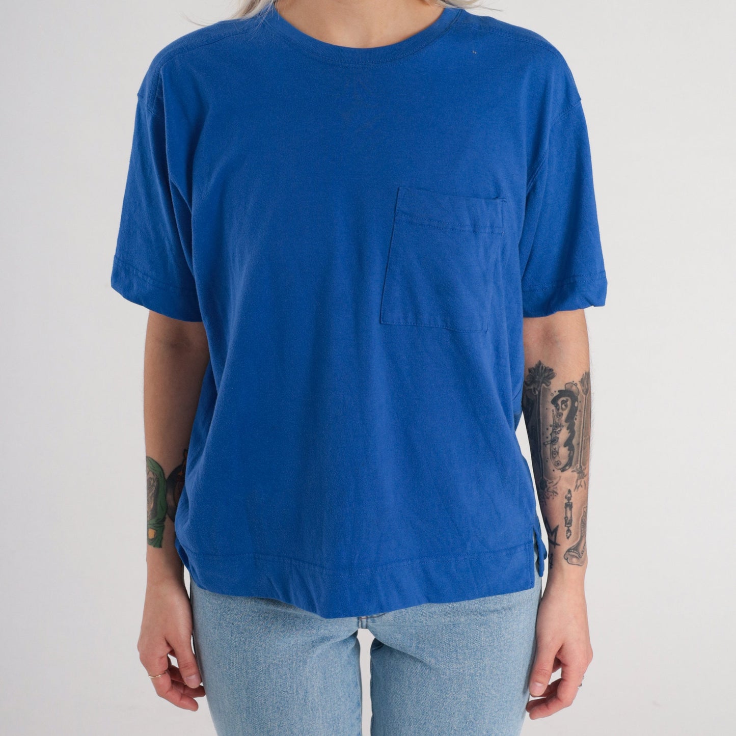 90s Blue Pocket T-Shirt Cotton Blend Short Sleeve Tee Side Slits Large L