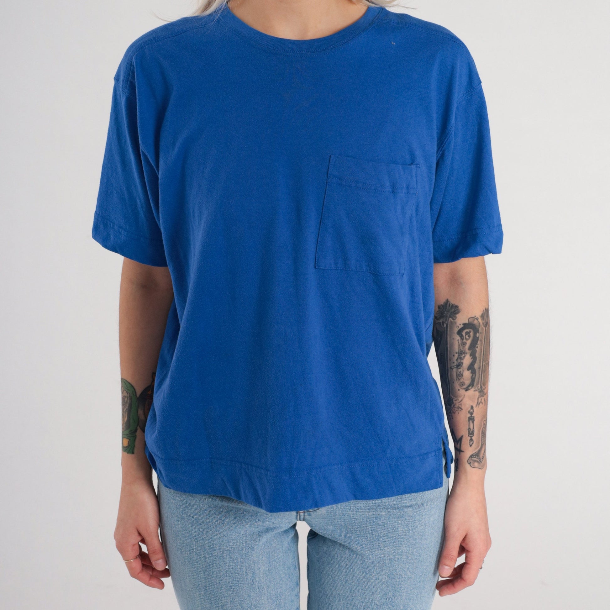 90s Blue Pocket T-Shirt Cotton Blend Short Sleeve Tee Side Slits Large L