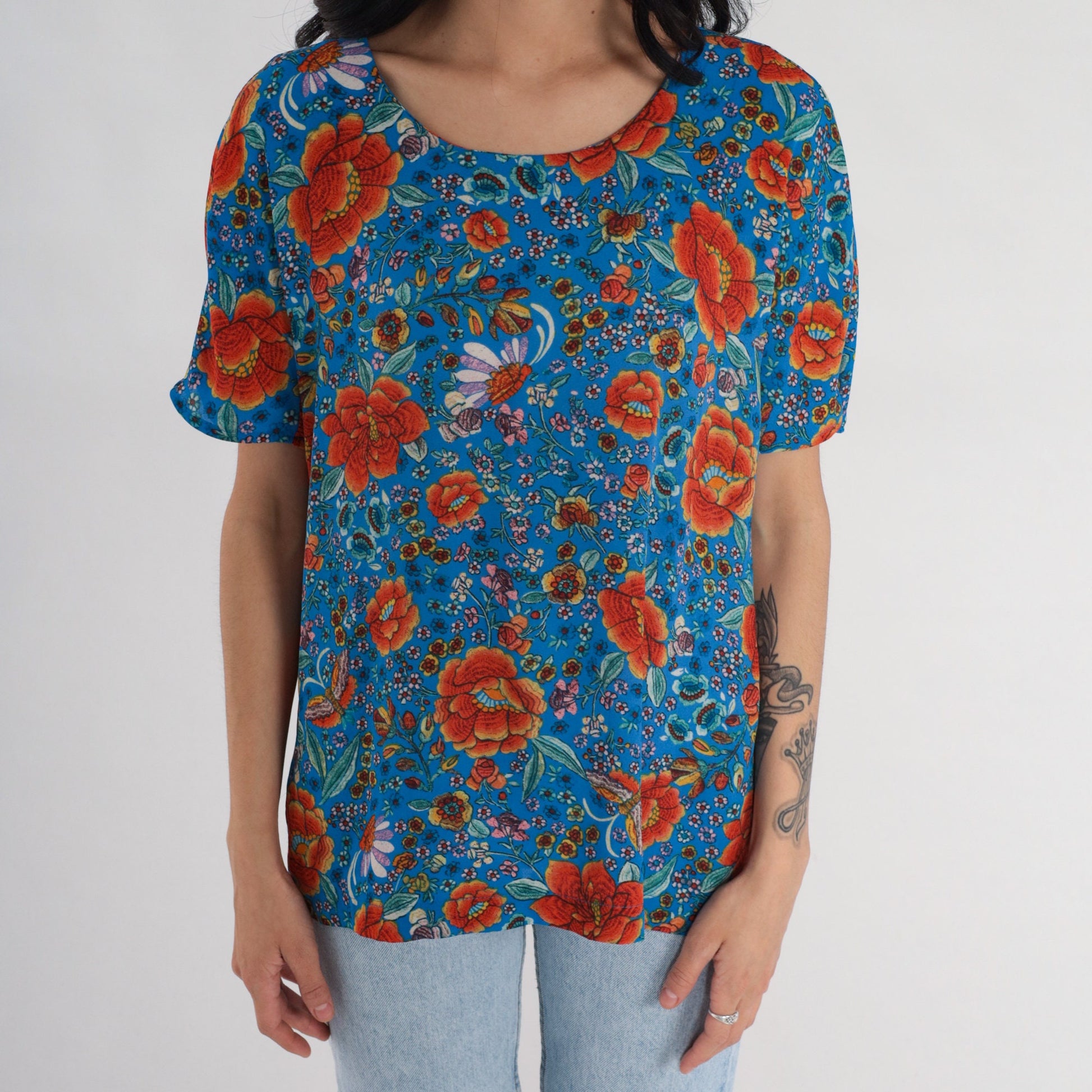 Y2K Blue Orange Floral Blouse Short Sleeve Keyhole Clasp Top Medium
