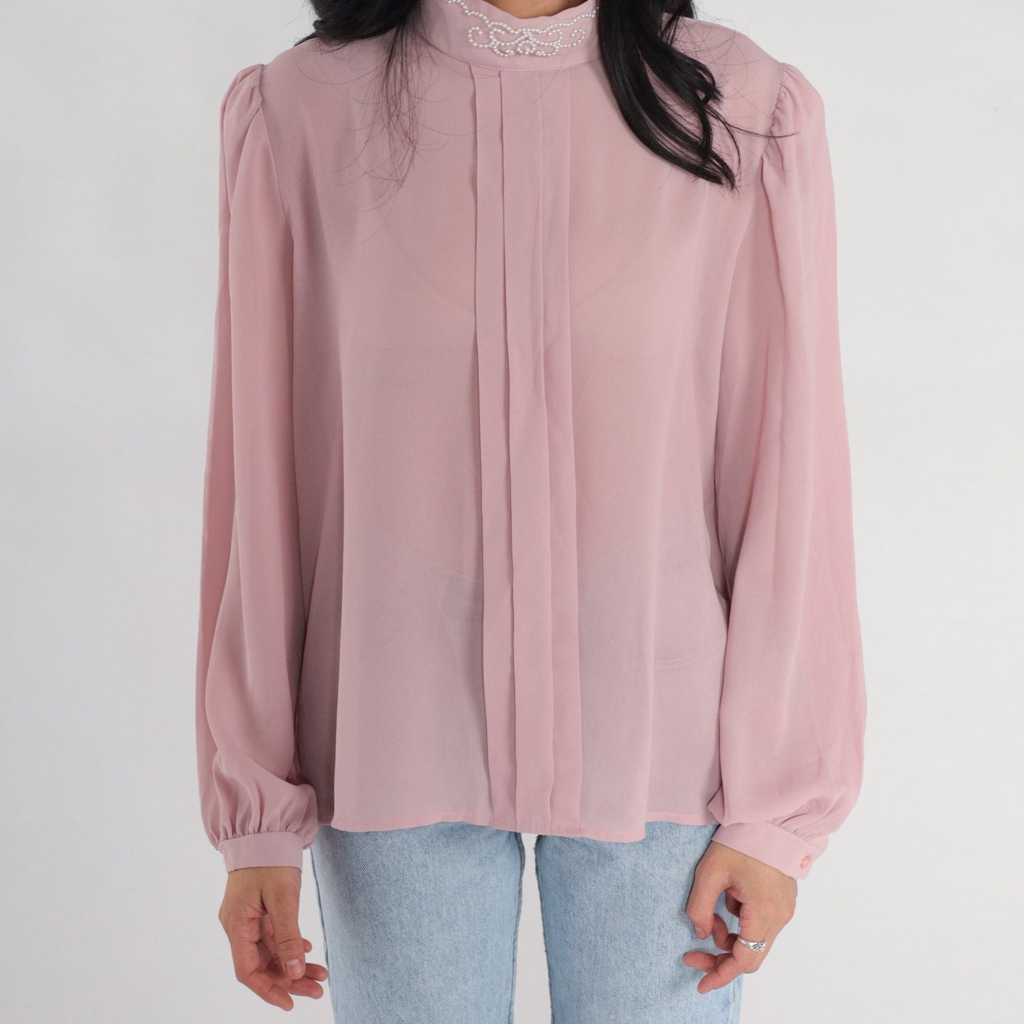 80s Pink Chiffon Blouse Puff Sleeve Beaded Pleated Mock Neck Large L