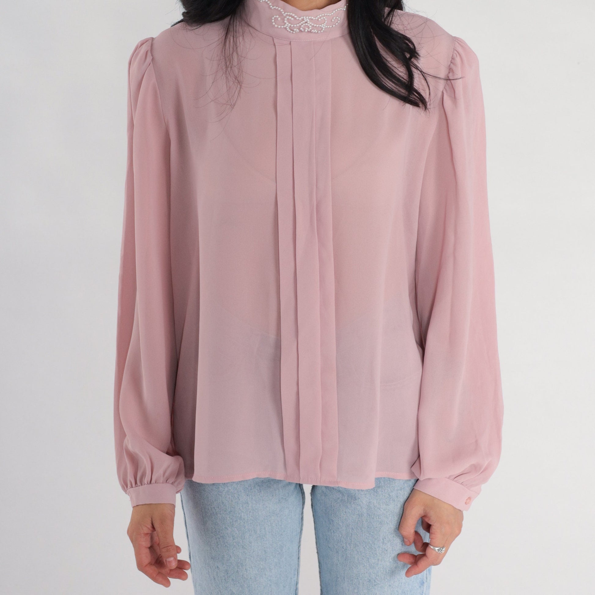 80s Pink Chiffon Blouse Puff Sleeve Beaded Pleated Mock Neck Large L