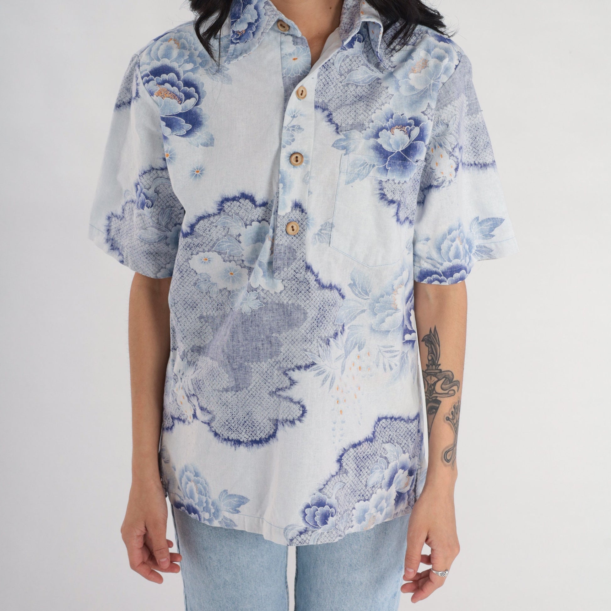 70s Surfline Hawaii Floral Shirt Men's Blue Lotus Print Polo Medium