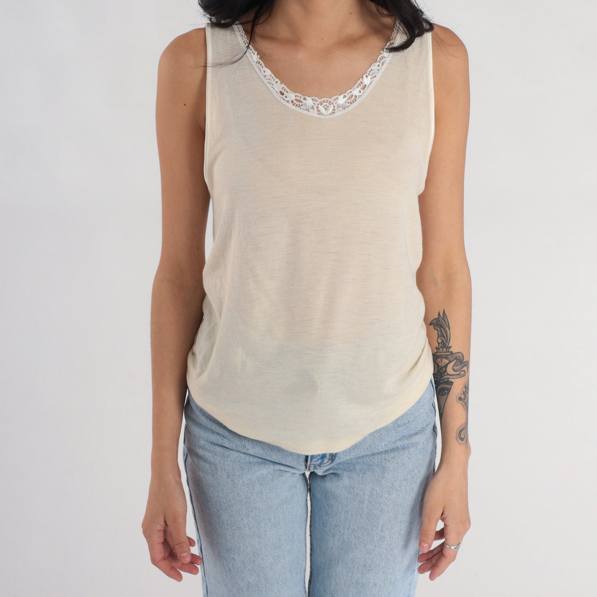 00s Ghiro Wool Silk Cami Tank Cream Lace Trim Large