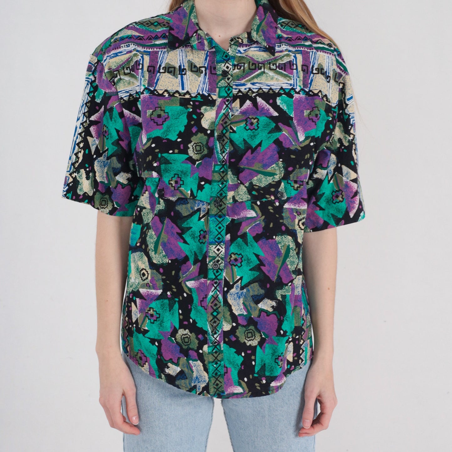 90s Southwestern Geometric Print Button-Up Blouse Black Purple Green Cotton Large