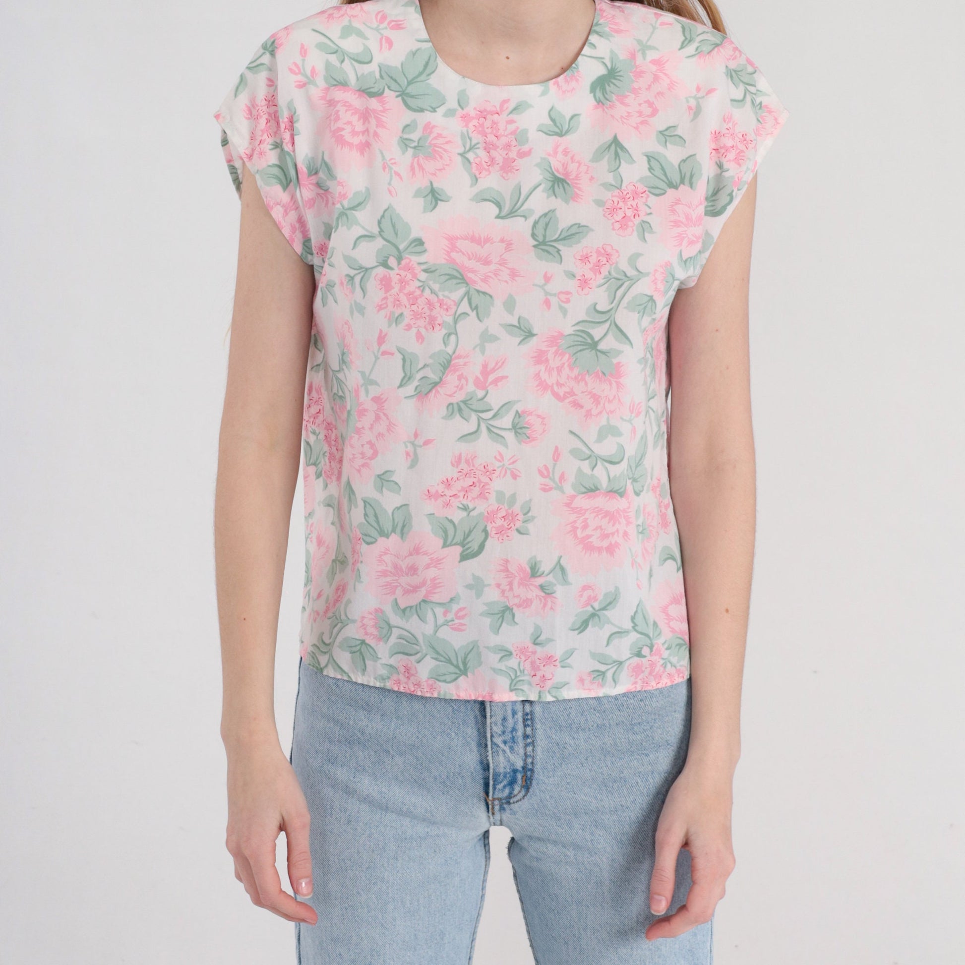 80s White Floral Blouse Cap Sleeve Peony Print Pink Green Medium