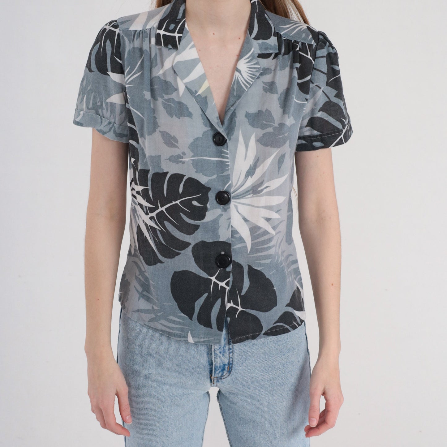 80s Grey Tropical Floral Blouse Puff Sleeve Button Up Small