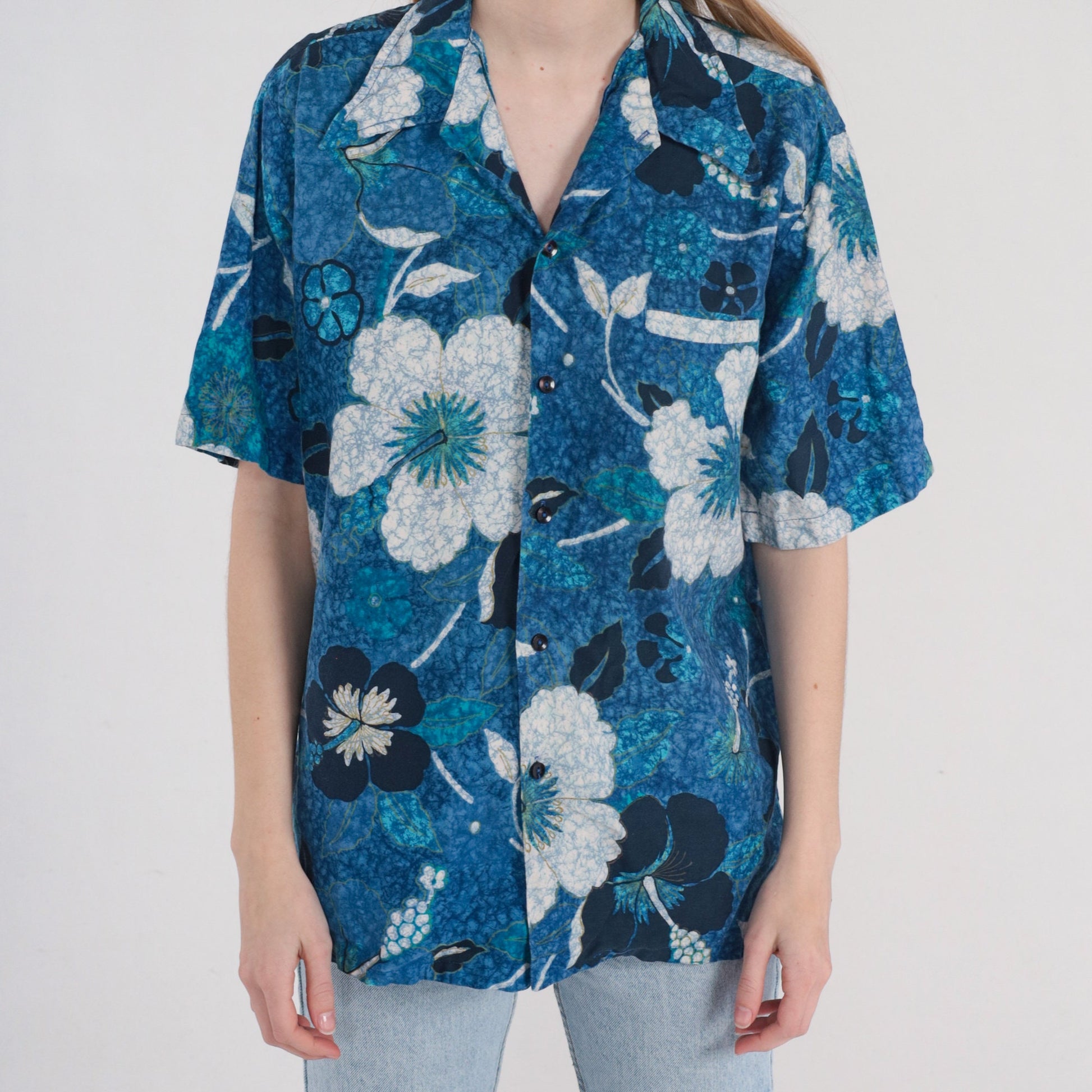 90s Blue Hawaiian Shirt Tropical Floral Leaf Print Cotton Button Up Large