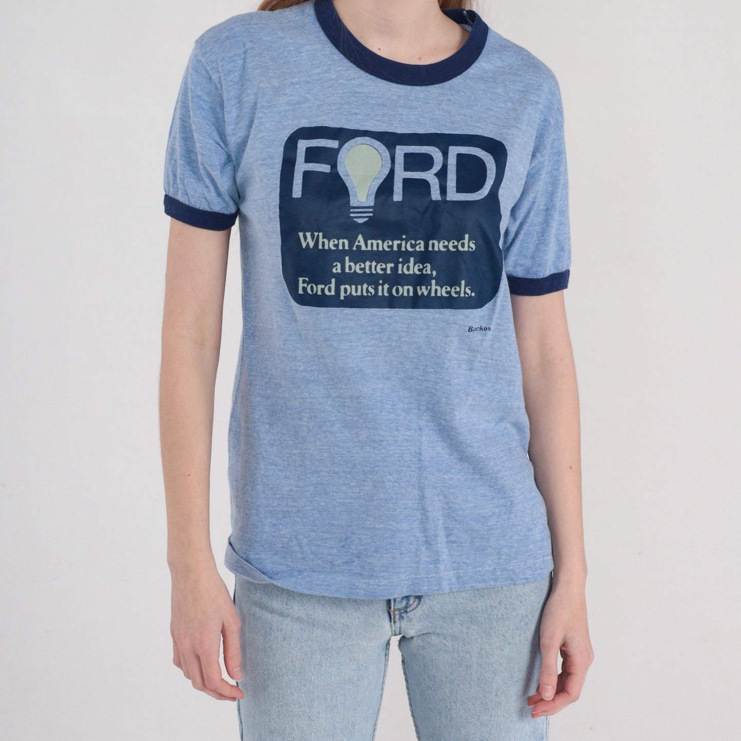 80s Ford Graphic Ringer Tee Blue Single Stitch Medium