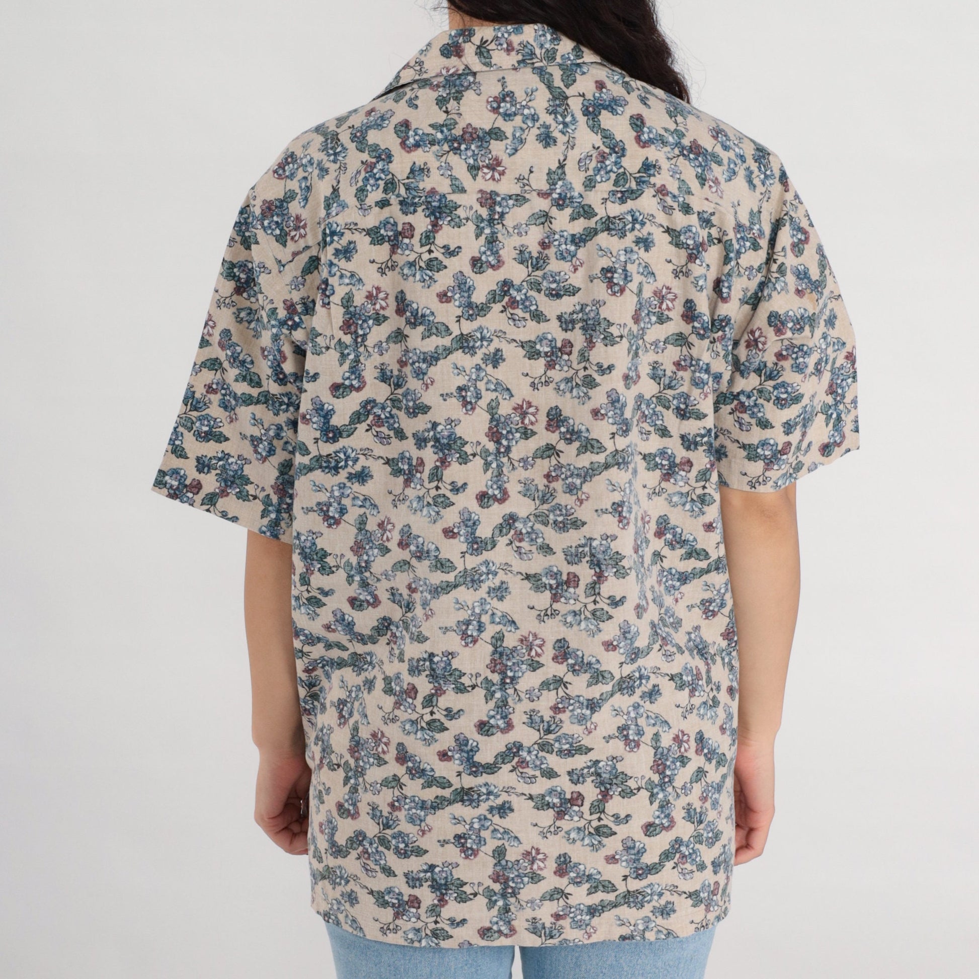 90s Beige Floral Button-Up Shirt Men's Large Short Sleeve Collared