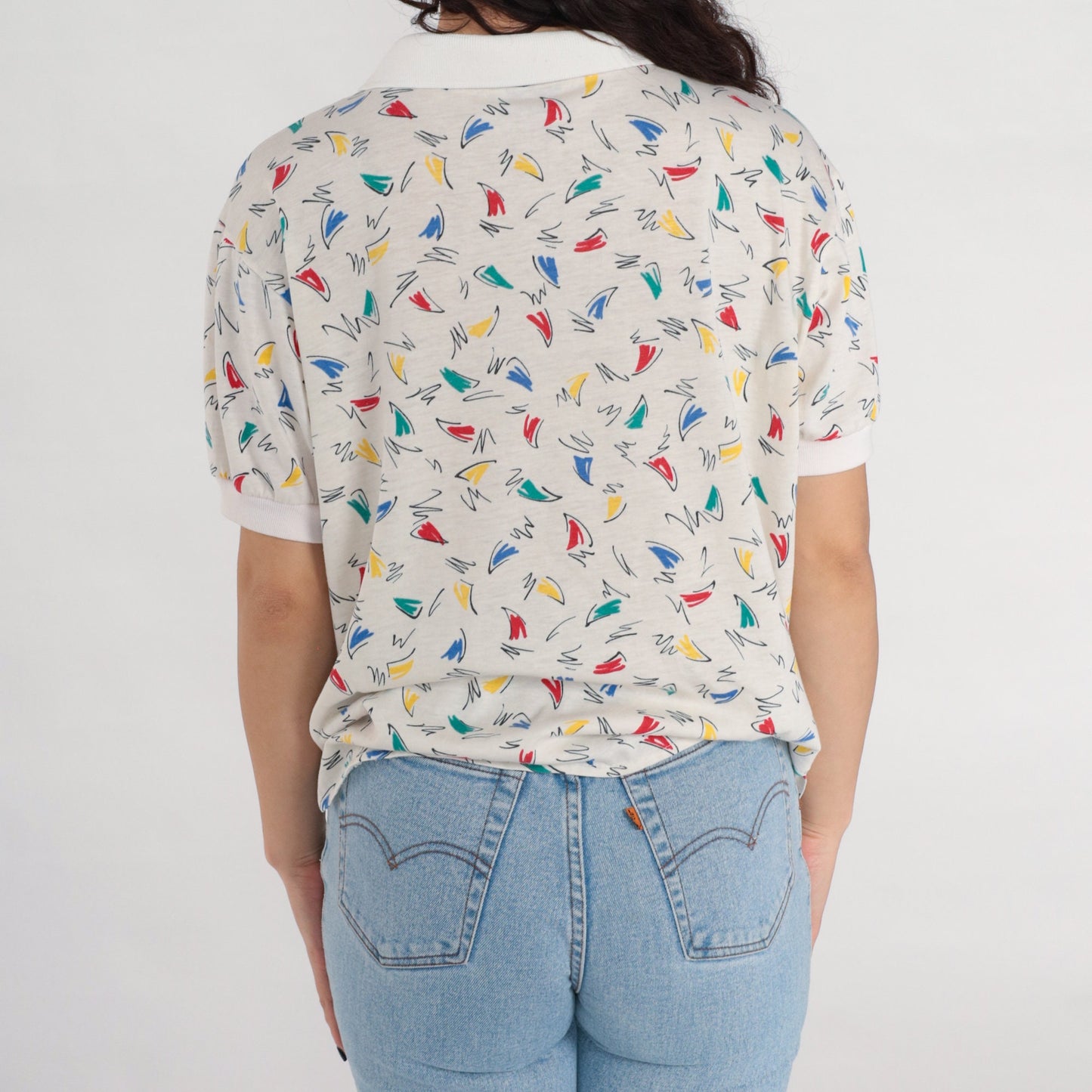 80s Squiggle Print Geometric Collared Shirt White Cotton Blend Large L