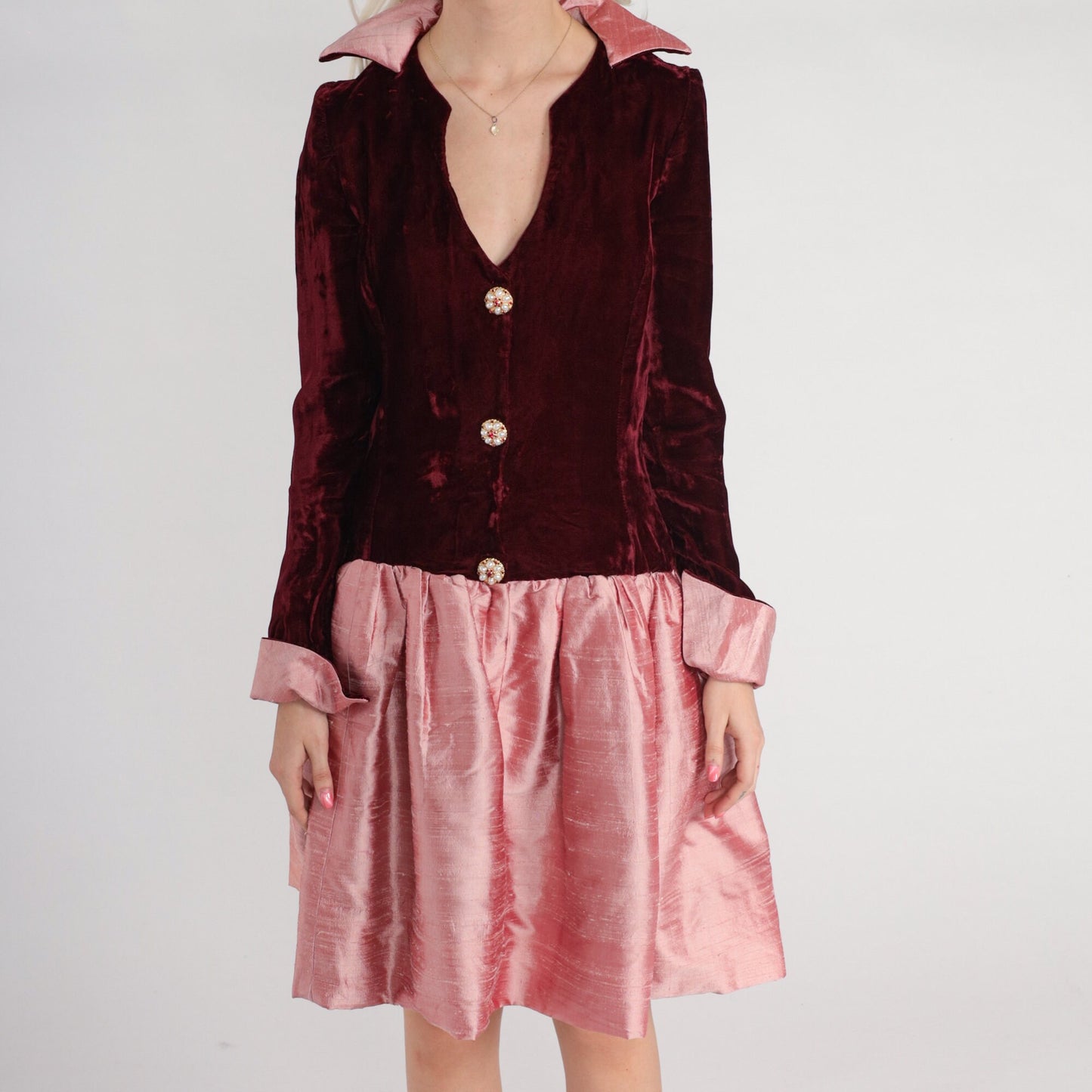 60s Red Velvet Pink Mini Dress Drop Waist Collared Long Sleeve Small S
