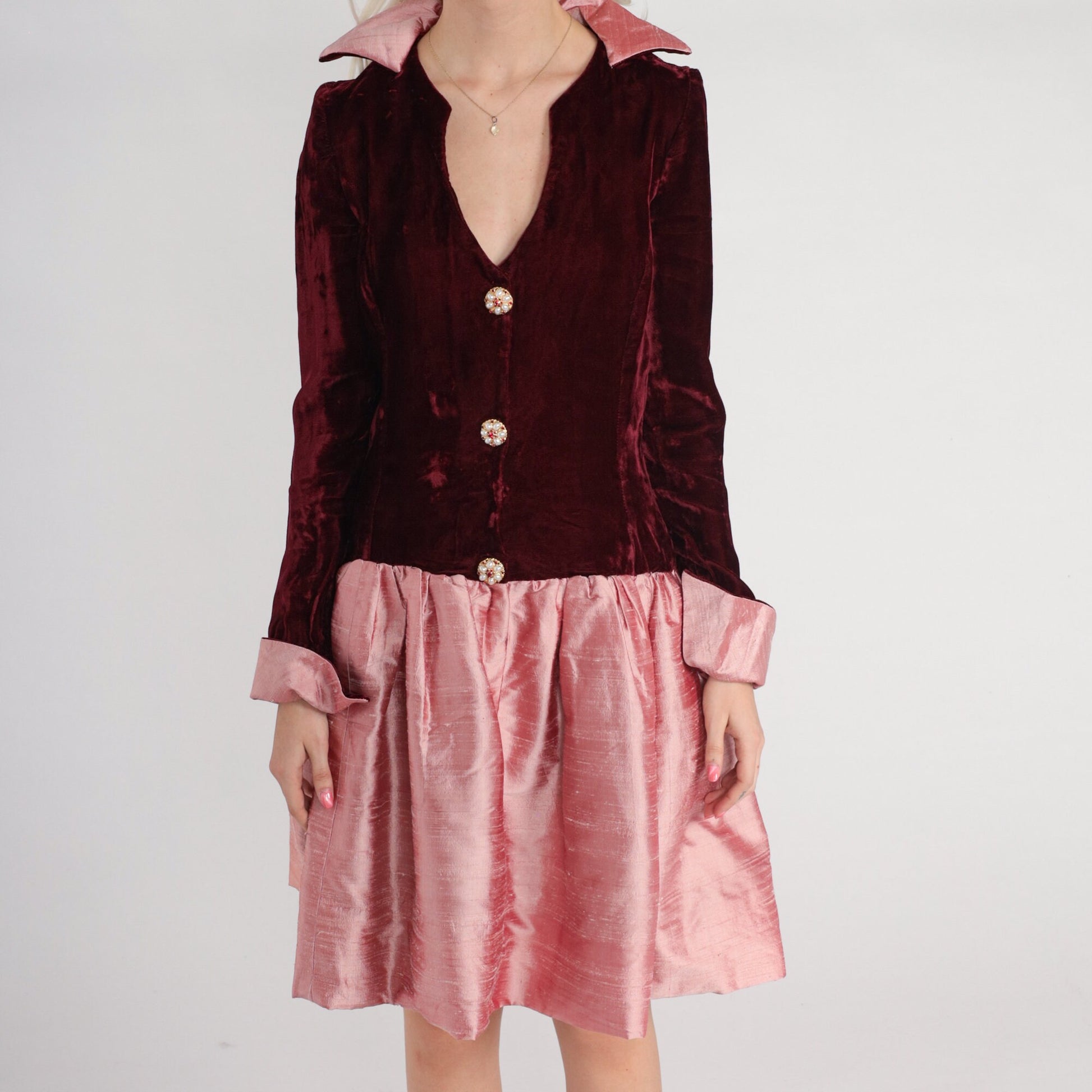 60s Red Velvet Pink Mini Dress Drop Waist Collared Long Sleeve Small S