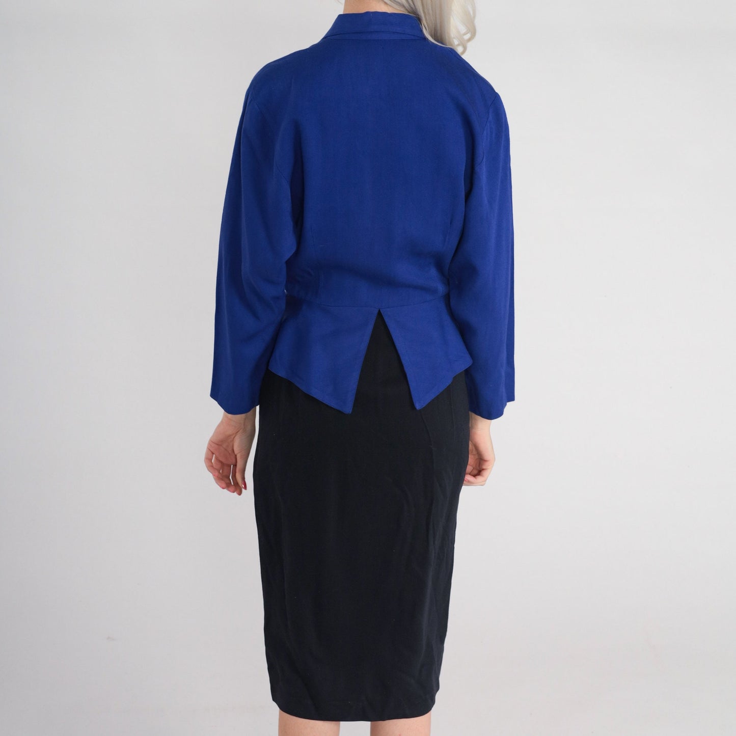90s Carol Anderson Peplum Midi Dress Blue Black Button-Up Long Sleeve XS