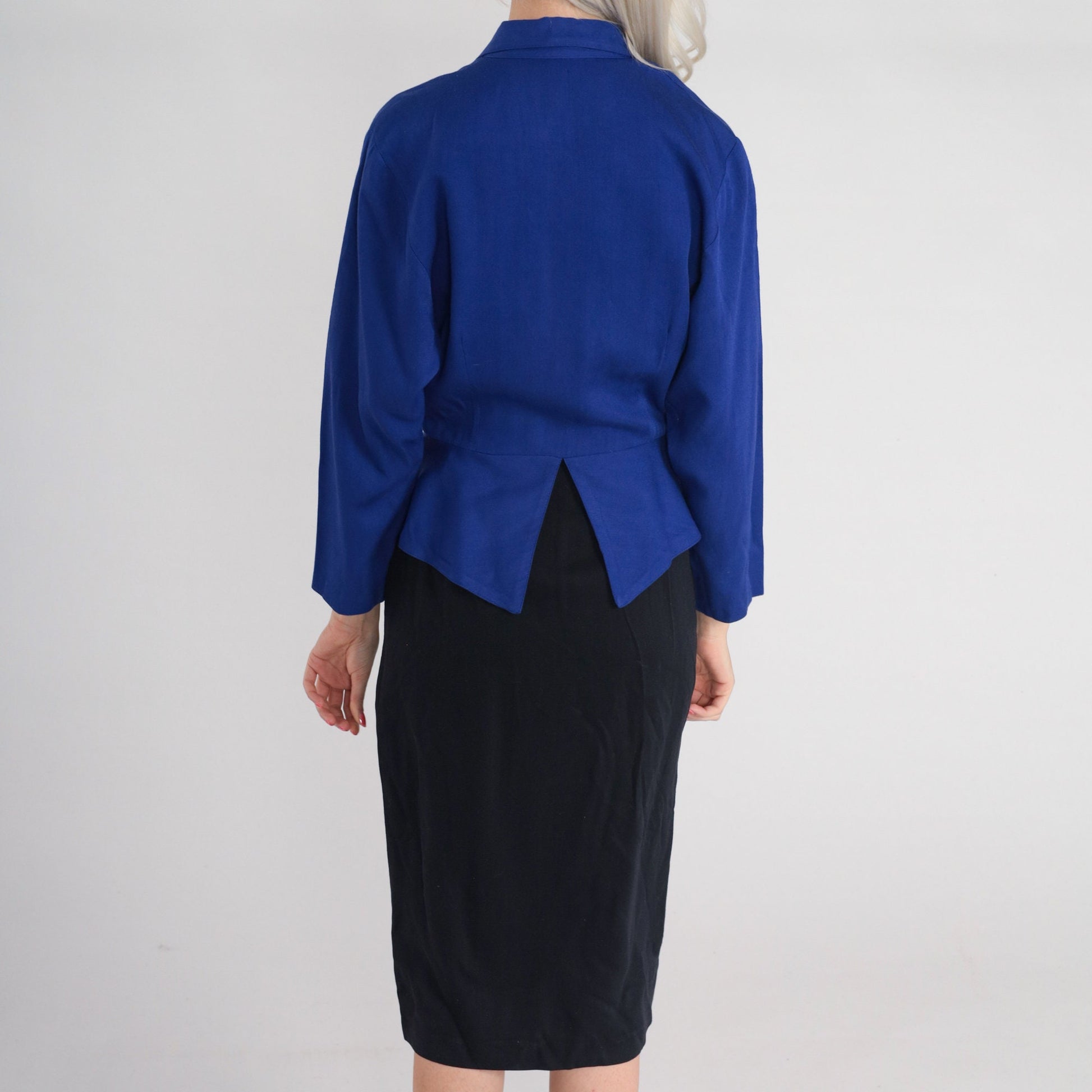 90s Carol Anderson Peplum Midi Dress Blue Black Button-Up Long Sleeve XS