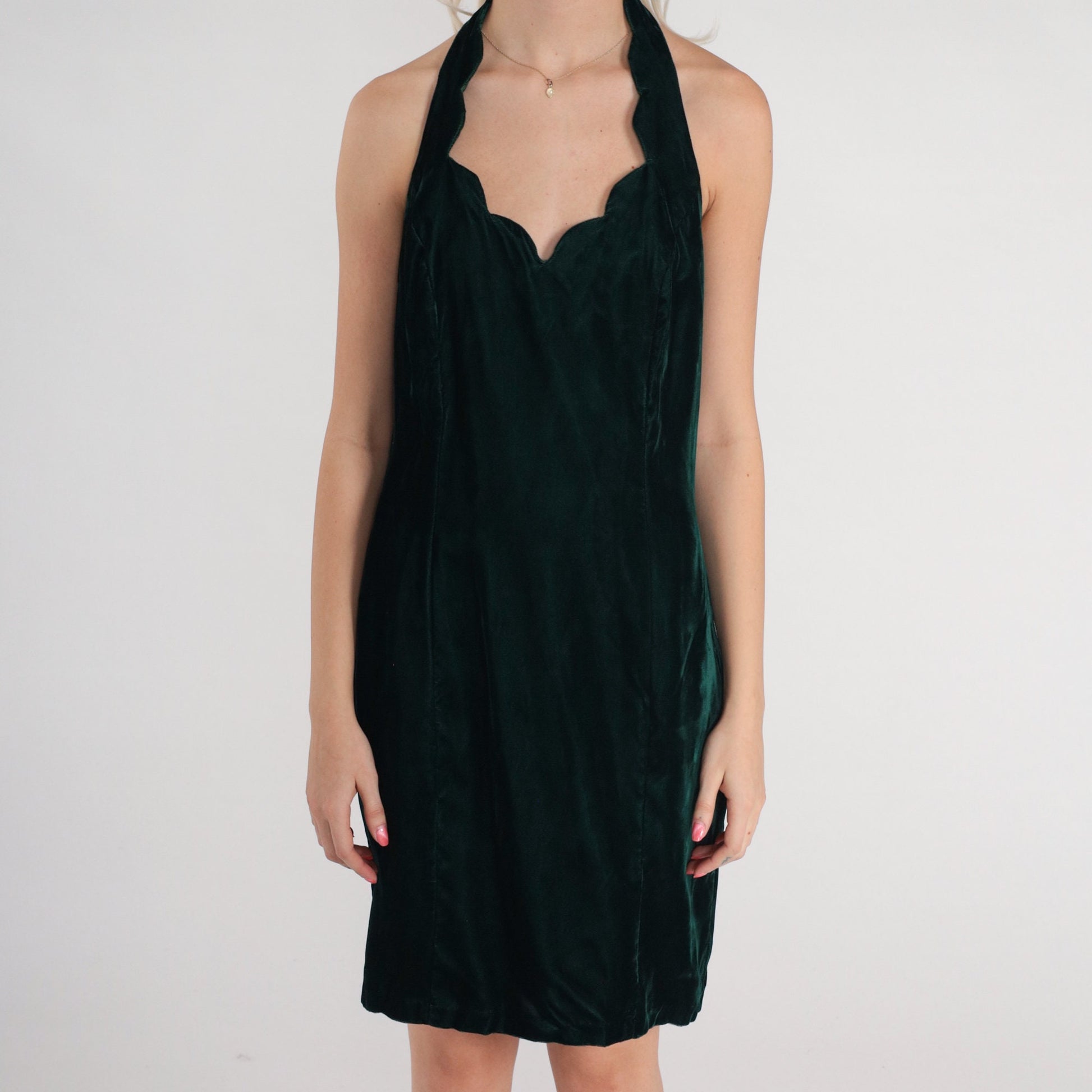 90s Dark Green Velvet Mini Dress Scalloped Halter Open Back Small