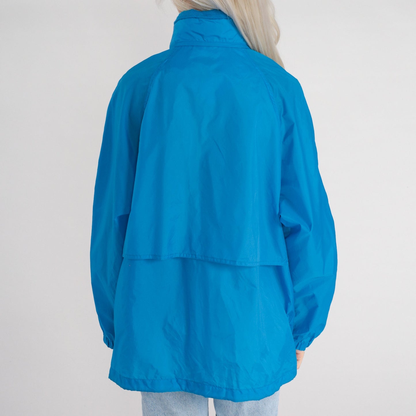 90s Eddie Bauer Blue Nylon Windbreaker Hidden Hood Zip Jacket Large