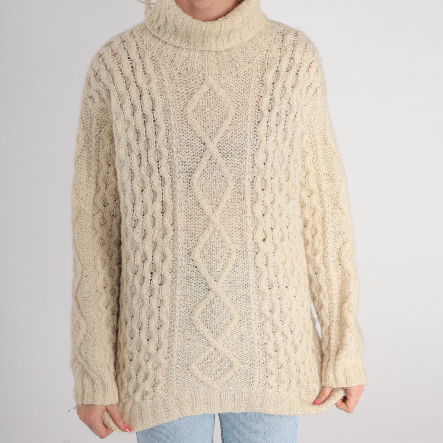 90s Liz Claiborne Cream Cable Knit Wool Turtleneck Sweater Medium M