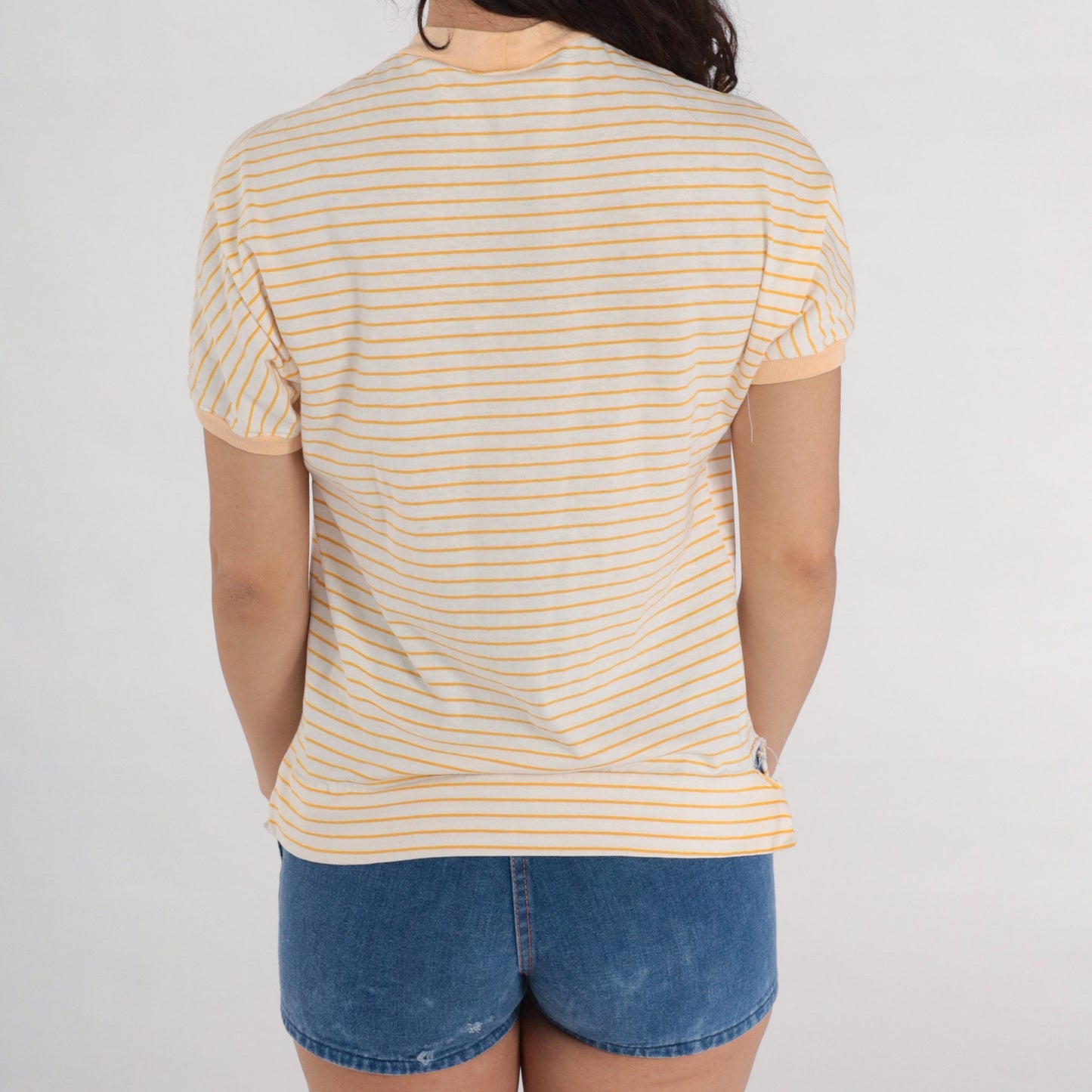 80s Oklahoma Christian College Ringer Tee White Yellow Striped Graphic Small