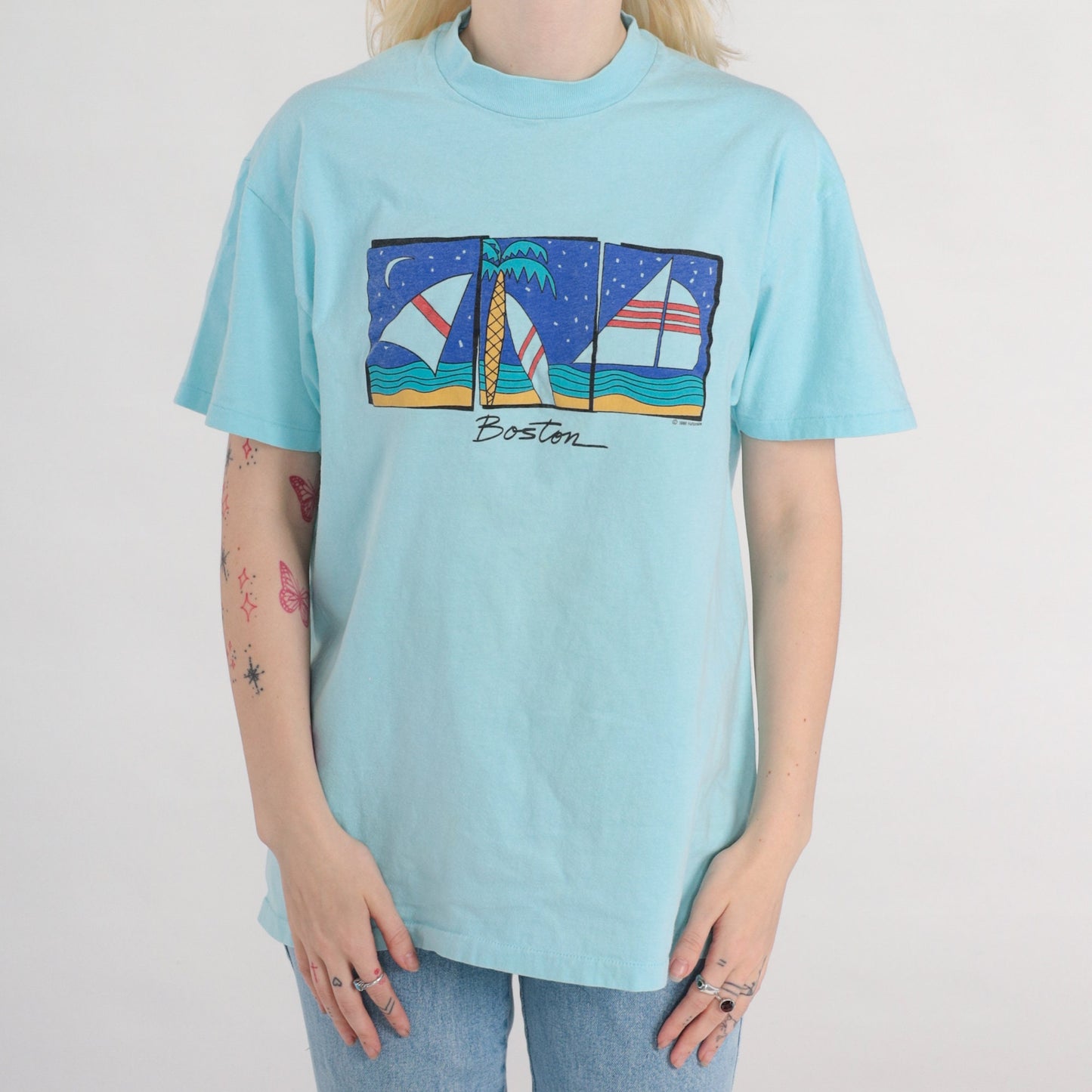80s Boston Sailboat Graphic T-Shirt Single Stitch Aqua Blue Medium Large