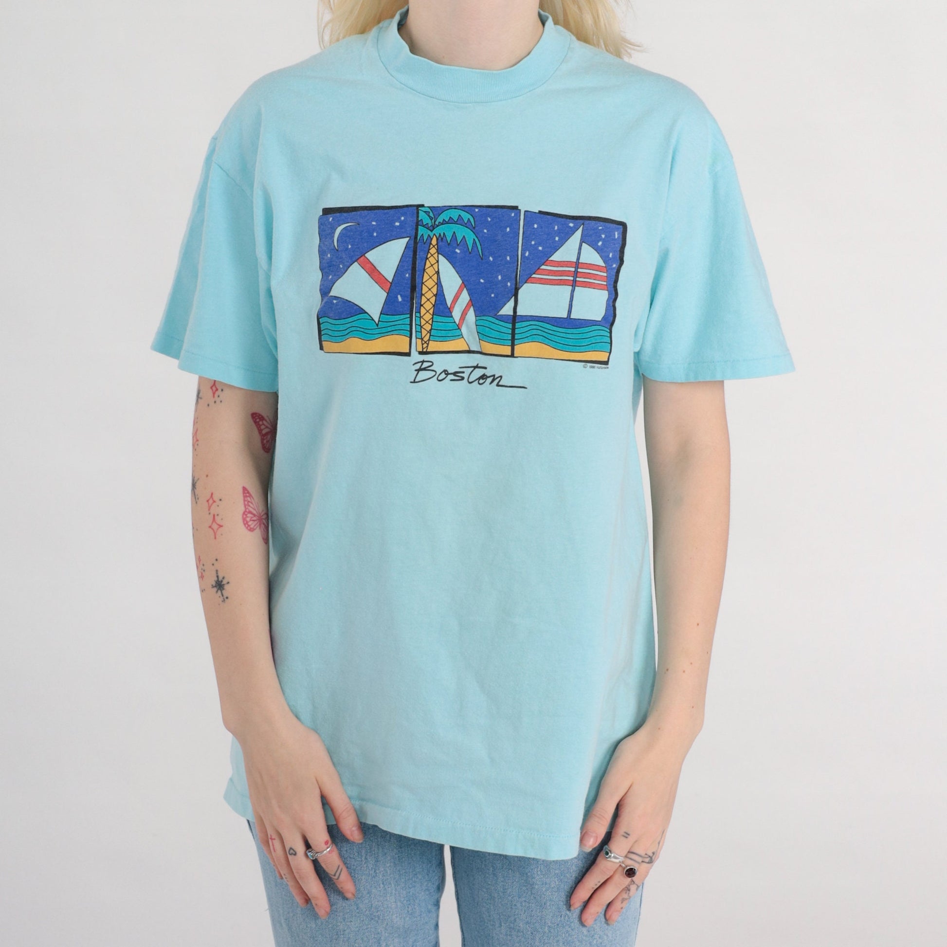 80s Boston Sailboat Graphic T-Shirt Single Stitch Aqua Blue Medium Large