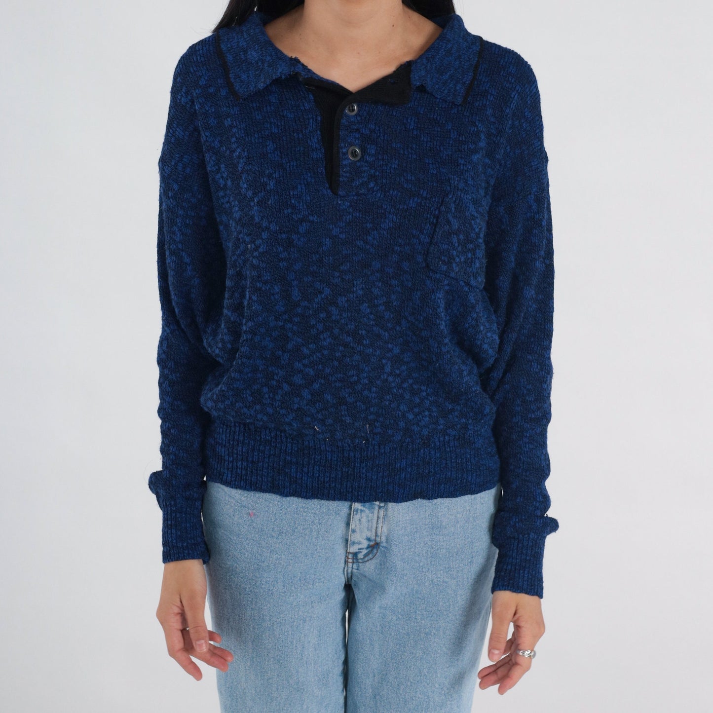 80s Dark Blue Flecked Knit Collared Sweater Quarter Button Pullover Medium Large