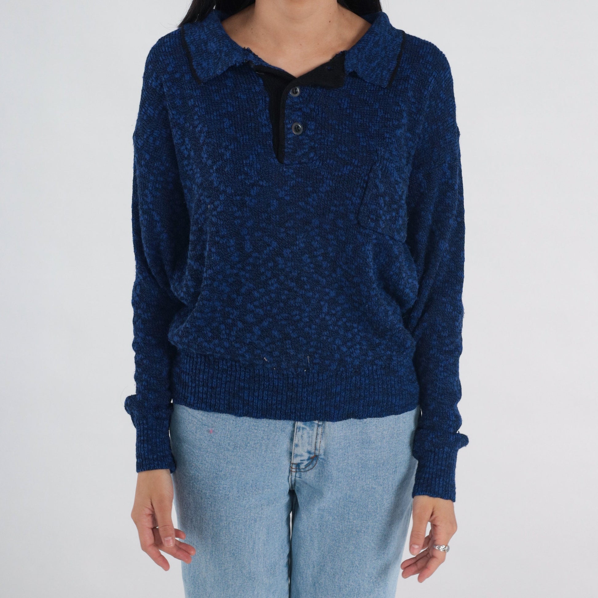 80s Dark Blue Flecked Knit Collared Sweater Quarter Button Pullover Medium Large